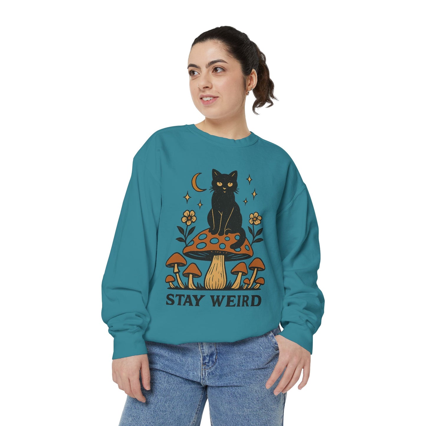 Stay Weird Cat Sweatshirt | Unisex Garment-Dyed Pullover | Boho Witchy Aesthetic | Cozy Casual Wear & Cat Lover Gift