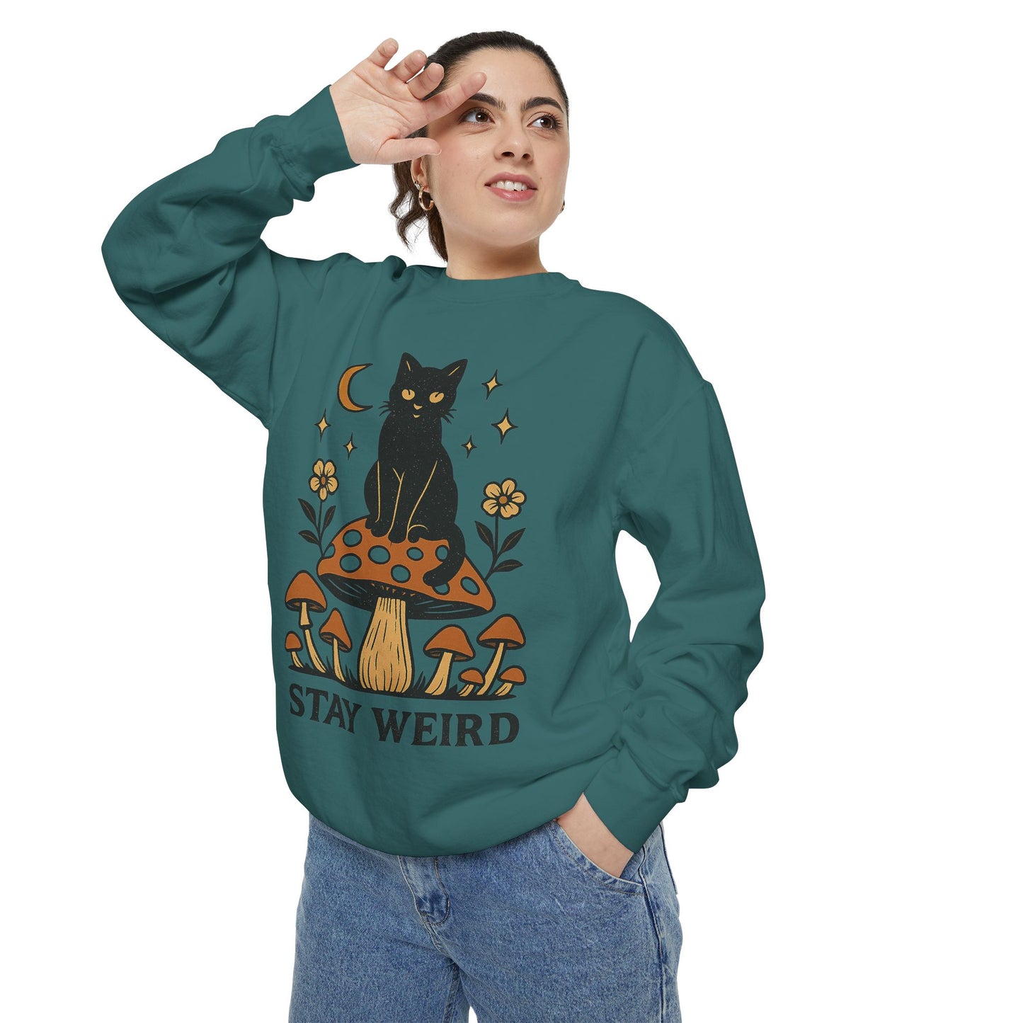 Stay Weird Cat Sweatshirt | Unisex Garment-Dyed Pullover | Boho Witchy Aesthetic | Cozy Casual Wear & Cat Lover Gift