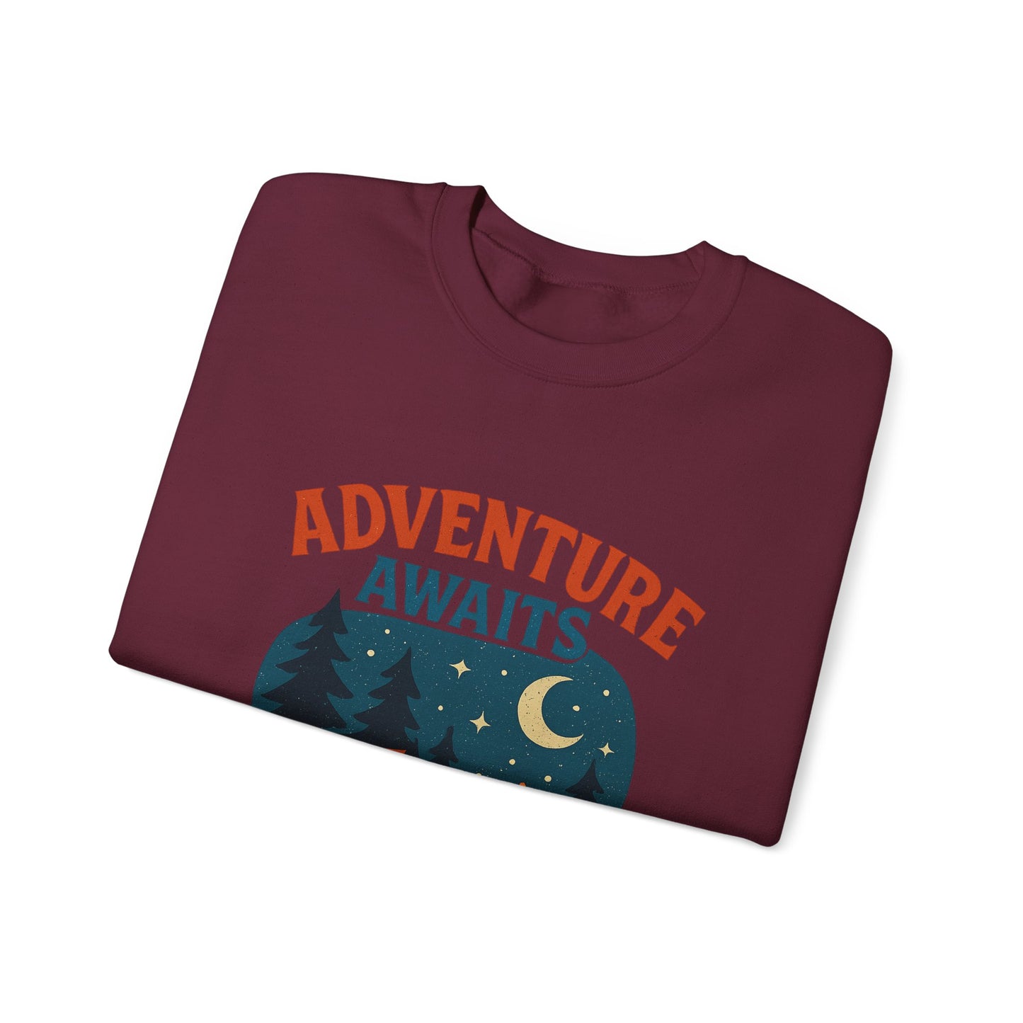 Adventure Awaits Sweatshirt, Cozy Camping Gear, Unisex Crewneck Pullover, Outdoor Adventure Apparel, Gift for Travelers