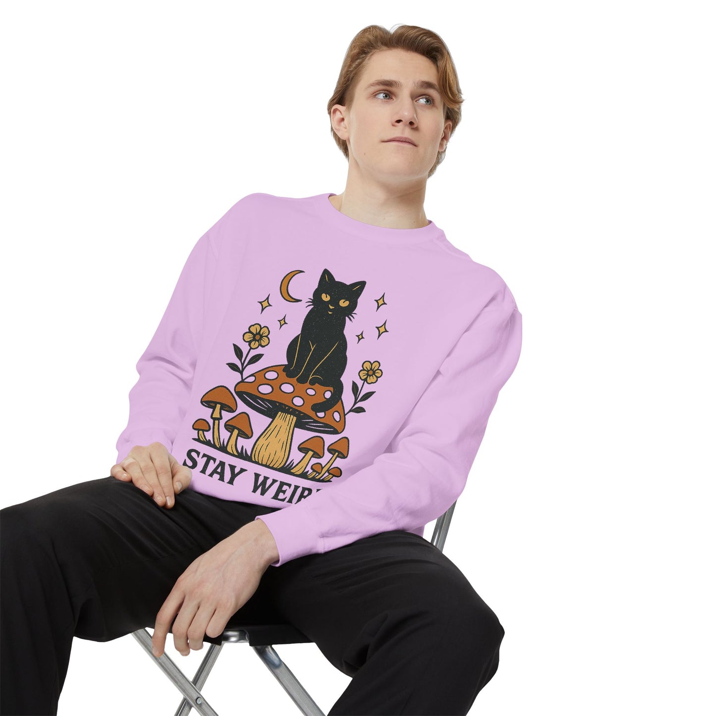 Stay Weird Cat Sweatshirt | Unisex Garment-Dyed Pullover | Boho Witchy Aesthetic | Cozy Casual Wear & Cat Lover Gift