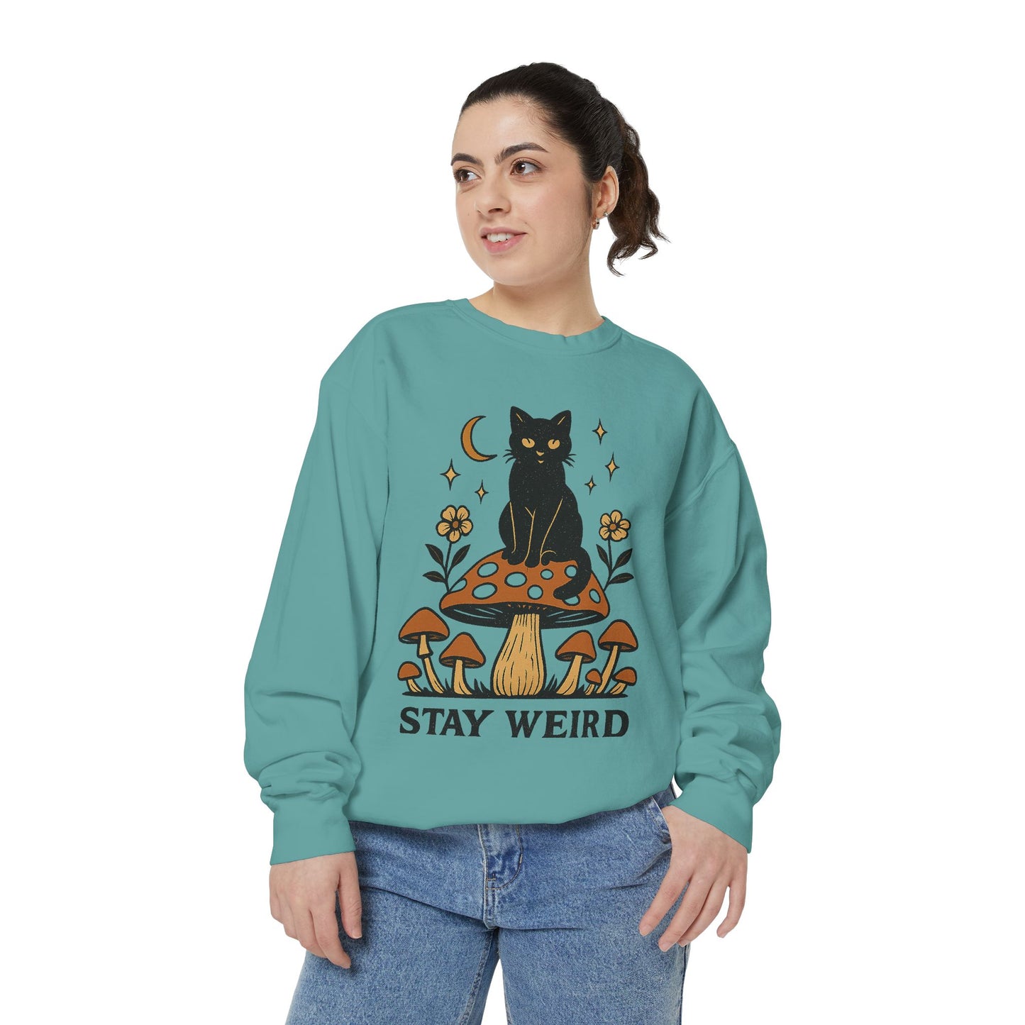 Stay Weird Cat Sweatshirt | Unisex Garment-Dyed Pullover | Boho Witchy Aesthetic | Cozy Casual Wear & Cat Lover Gift