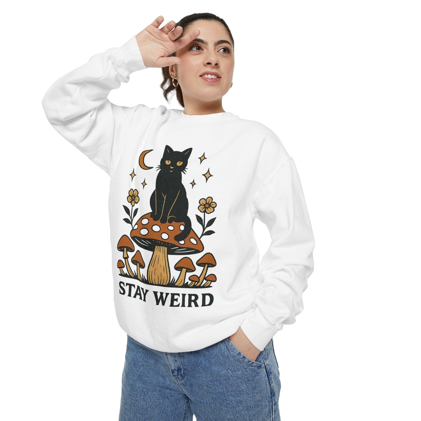 Stay Weird Cat Sweatshirt | Unisex Garment-Dyed Pullover | Boho Witchy Aesthetic | Cozy Casual Wear & Cat Lover Gift