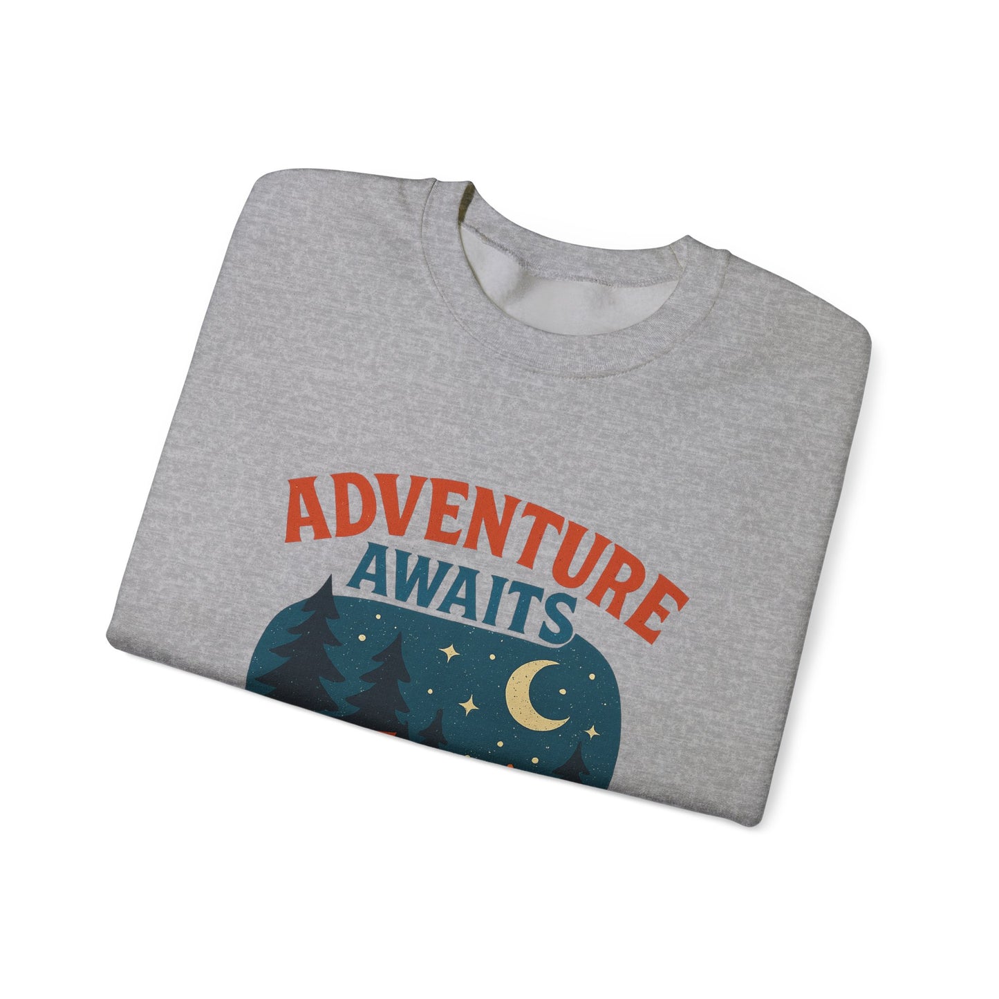 Adventure Awaits Sweatshirt, Cozy Camping Gear, Unisex Crewneck Pullover, Outdoor Adventure Apparel, Gift for Travelers