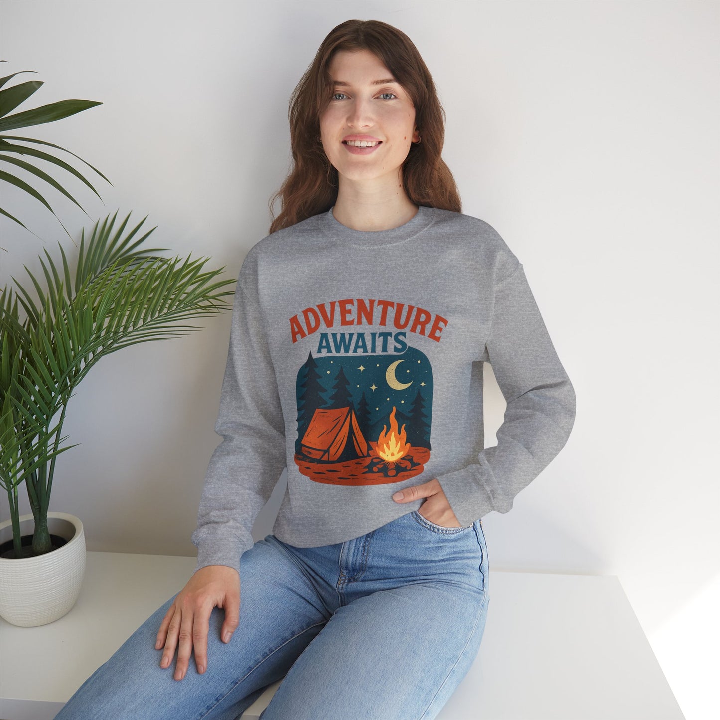 Adventure Awaits Sweatshirt, Cozy Camping Gear, Unisex Crewneck Pullover, Outdoor Adventure Apparel, Gift for Travelers