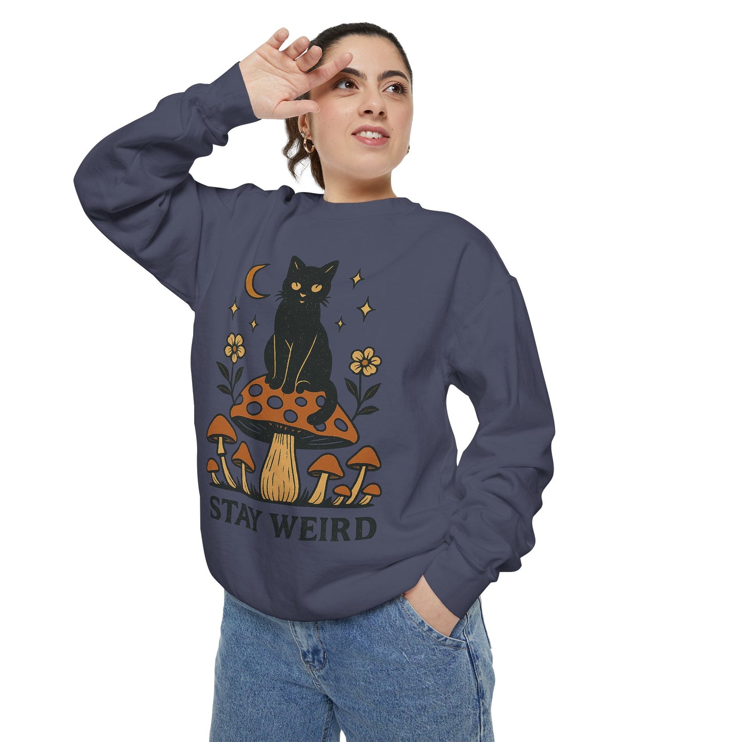 Stay Weird Cat Sweatshirt | Unisex Garment-Dyed Pullover | Boho Witchy Aesthetic | Cozy Casual Wear & Cat Lover Gift
