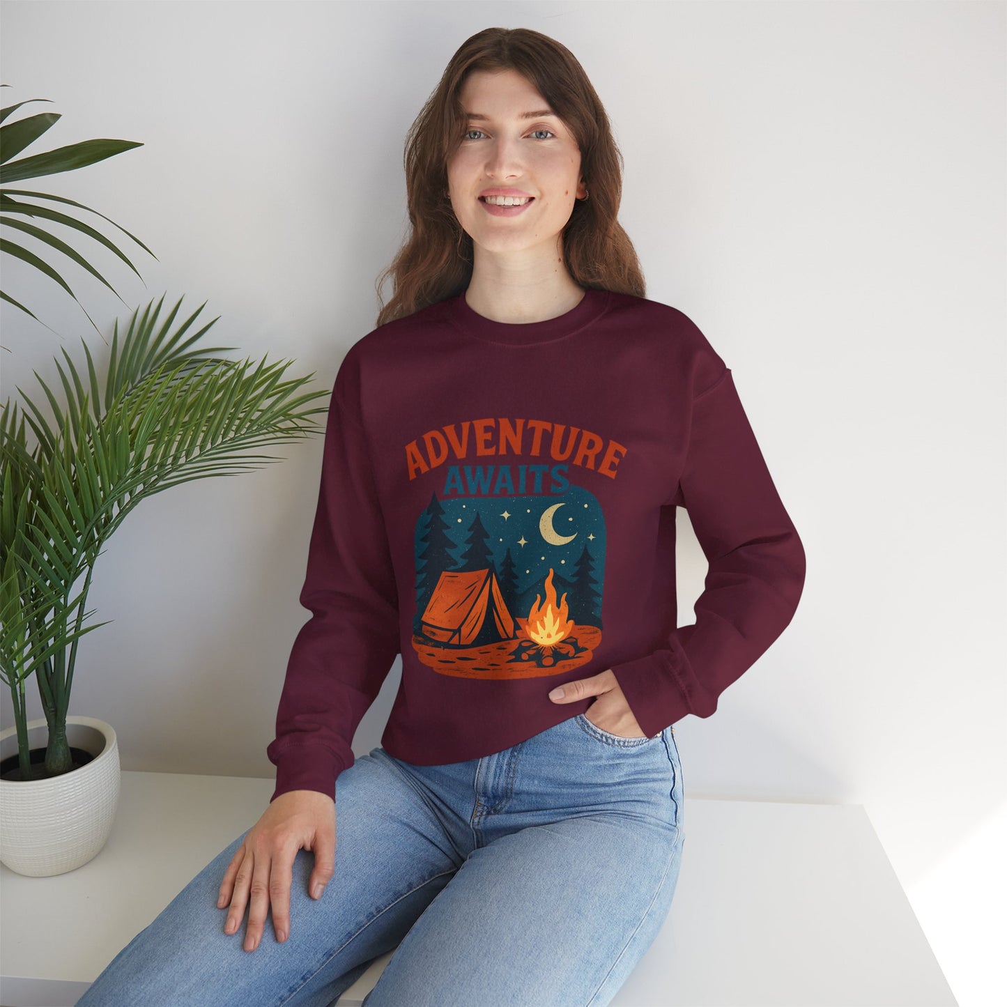Adventure Awaits Sweatshirt, Cozy Camping Gear, Unisex Crewneck Pullover, Outdoor Adventure Apparel, Gift for Travelers