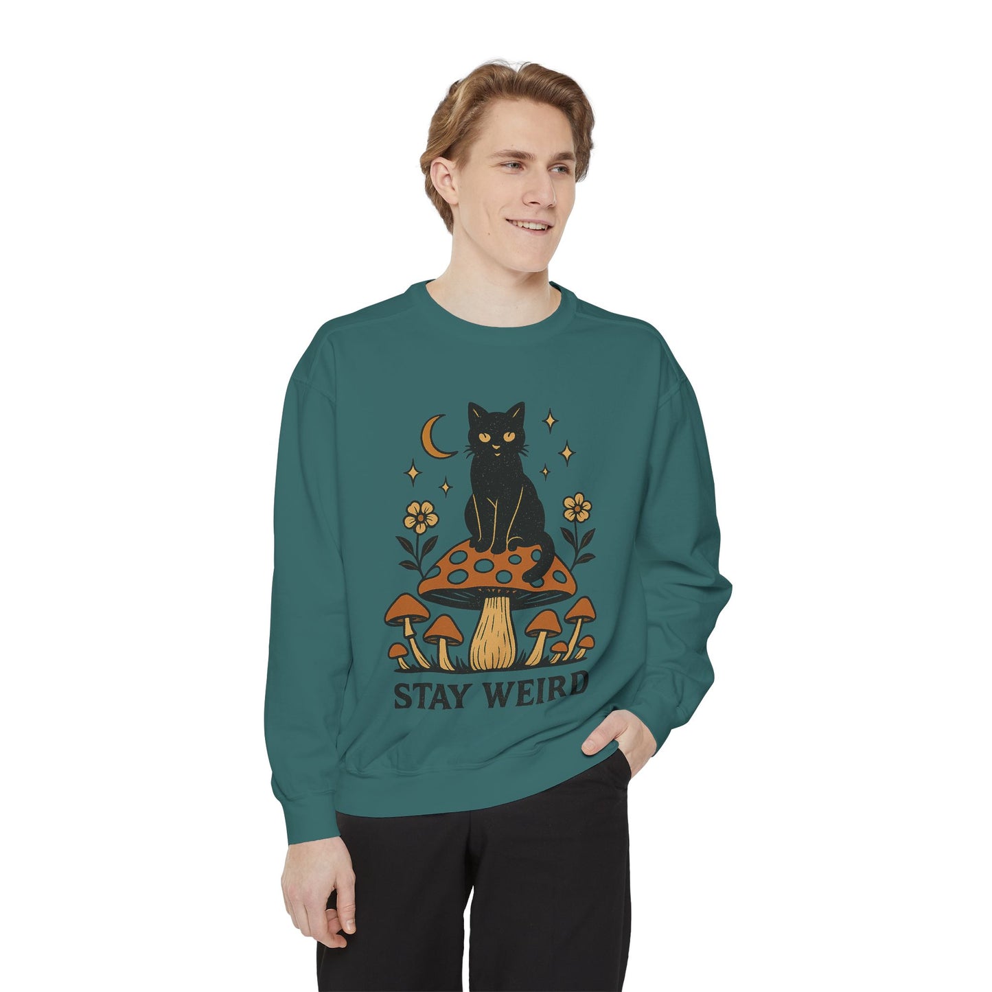 Stay Weird Cat Sweatshirt | Unisex Garment-Dyed Pullover | Boho Witchy Aesthetic | Cozy Casual Wear & Cat Lover Gift