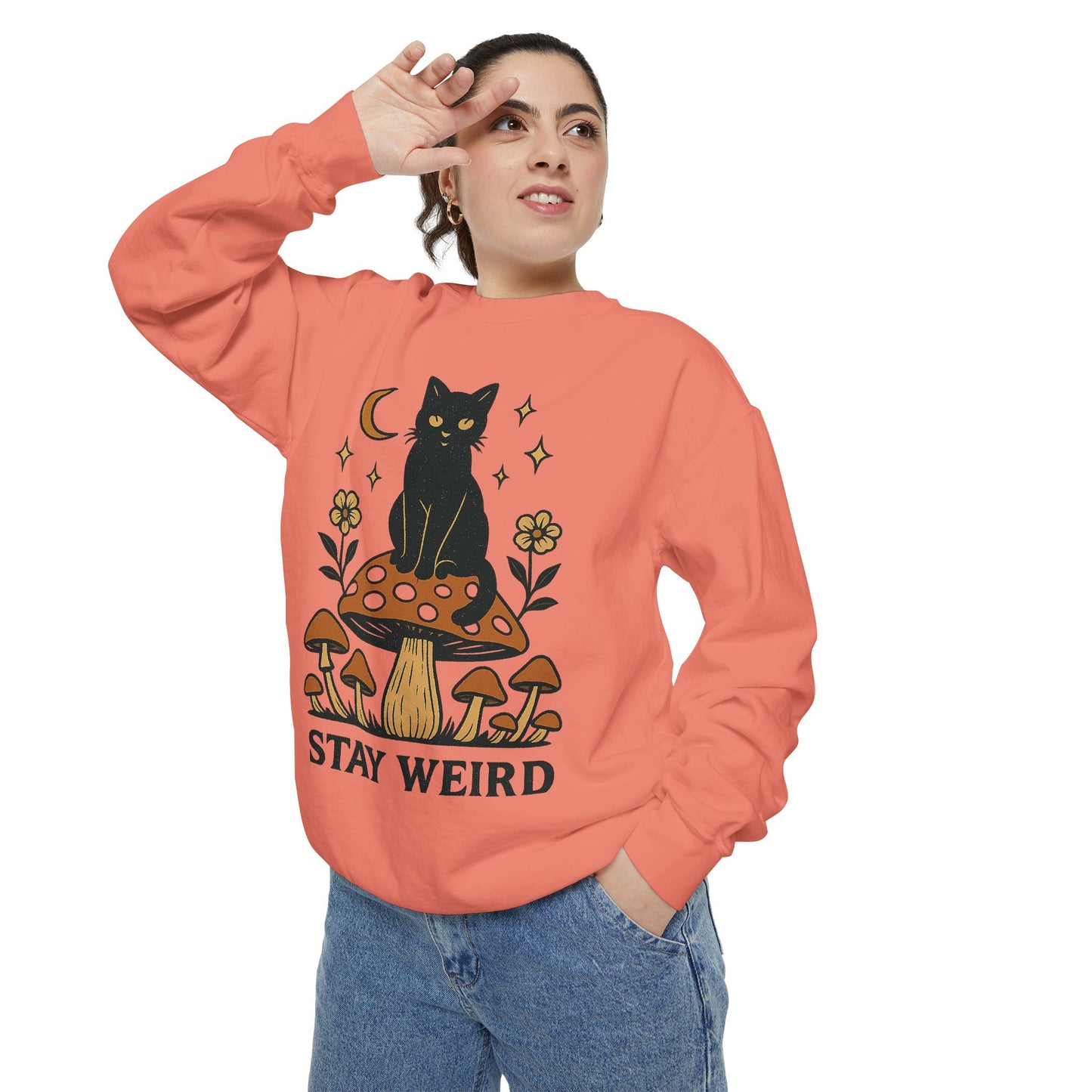 Stay Weird Cat Sweatshirt | Unisex Garment-Dyed Pullover | Boho Witchy Aesthetic | Cozy Casual Wear & Cat Lover Gift