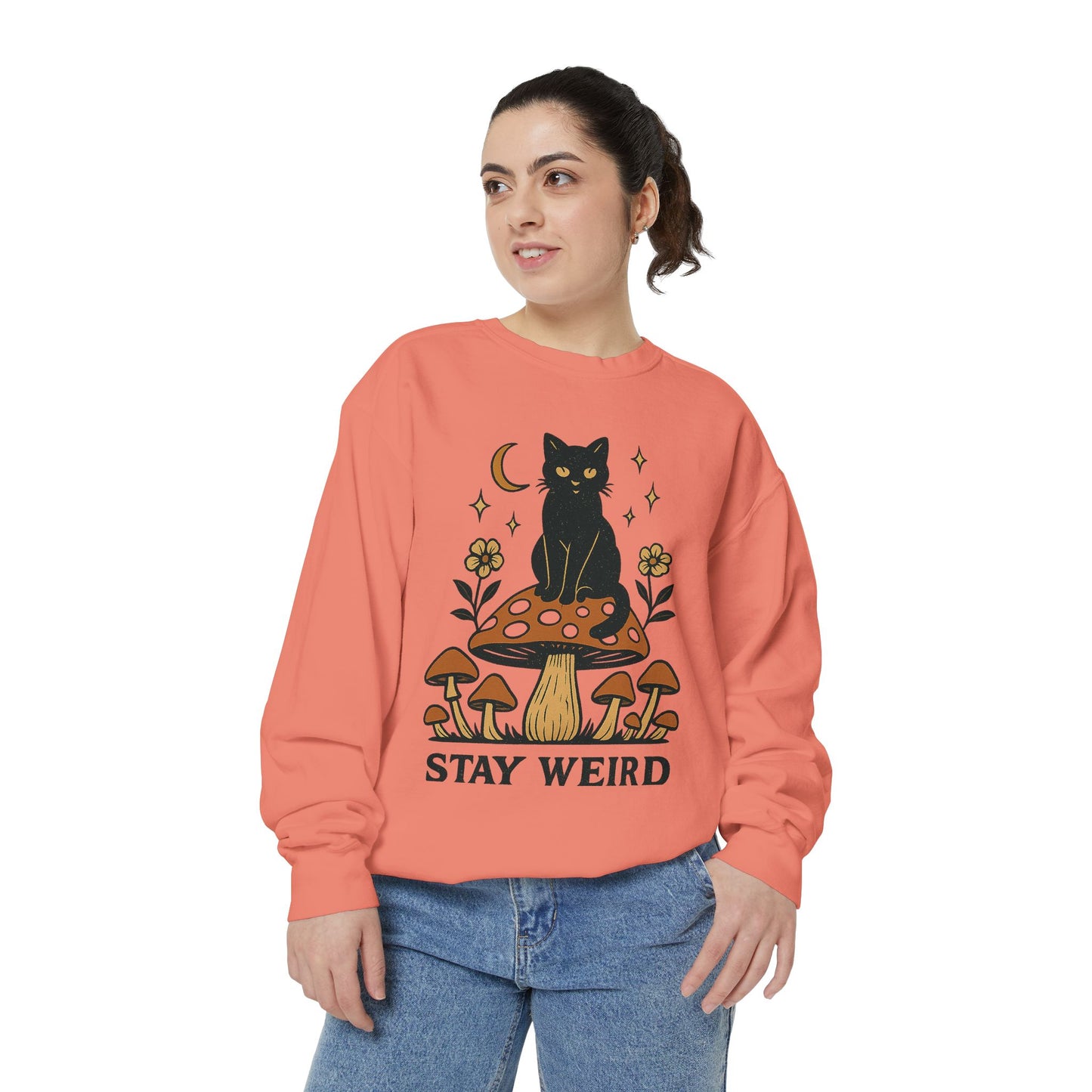 Stay Weird Cat Sweatshirt | Unisex Garment-Dyed Pullover | Boho Witchy Aesthetic | Cozy Casual Wear & Cat Lover Gift