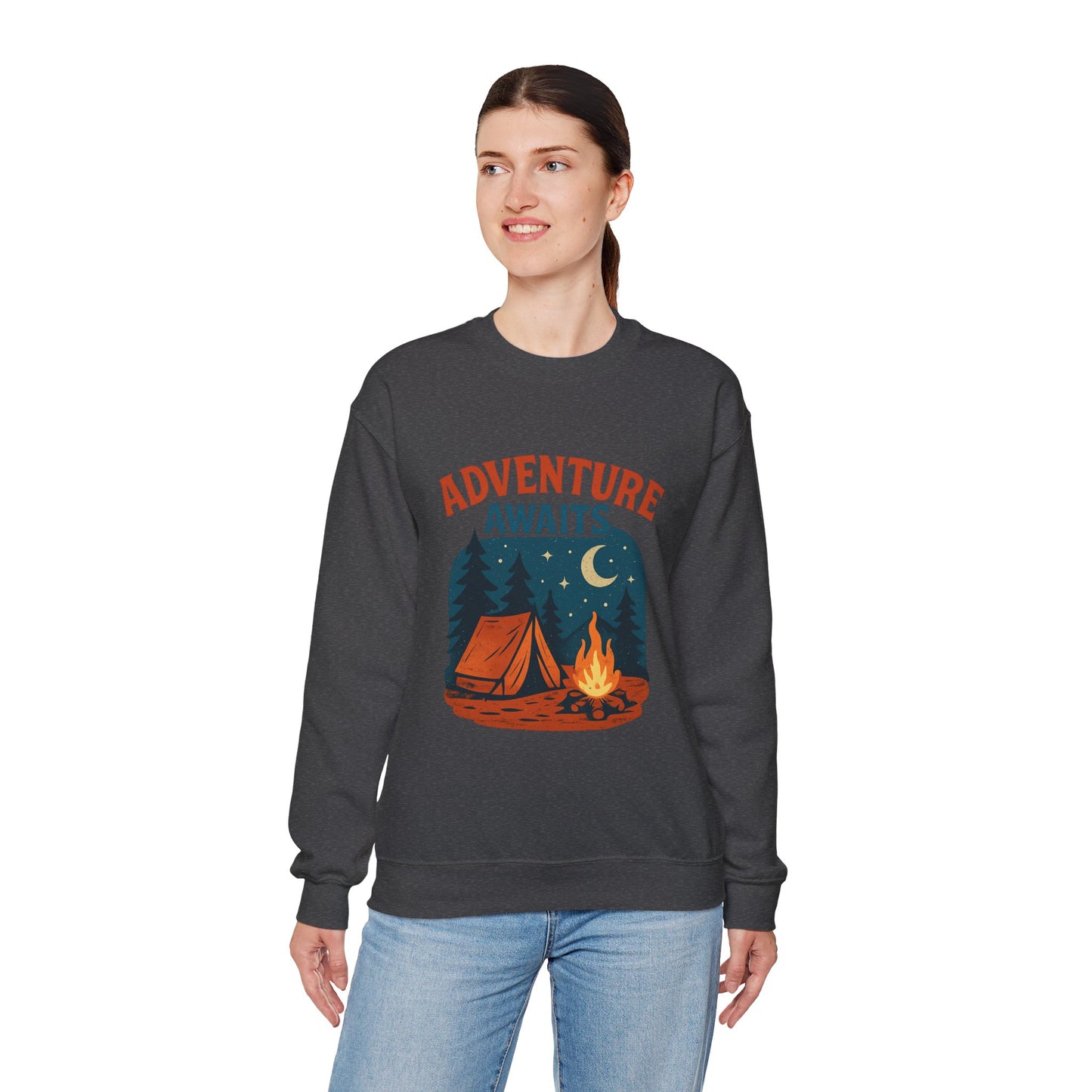 Adventure Awaits Sweatshirt, Cozy Camping Gear, Unisex Crewneck Pullover, Outdoor Adventure Apparel, Gift for Travelers