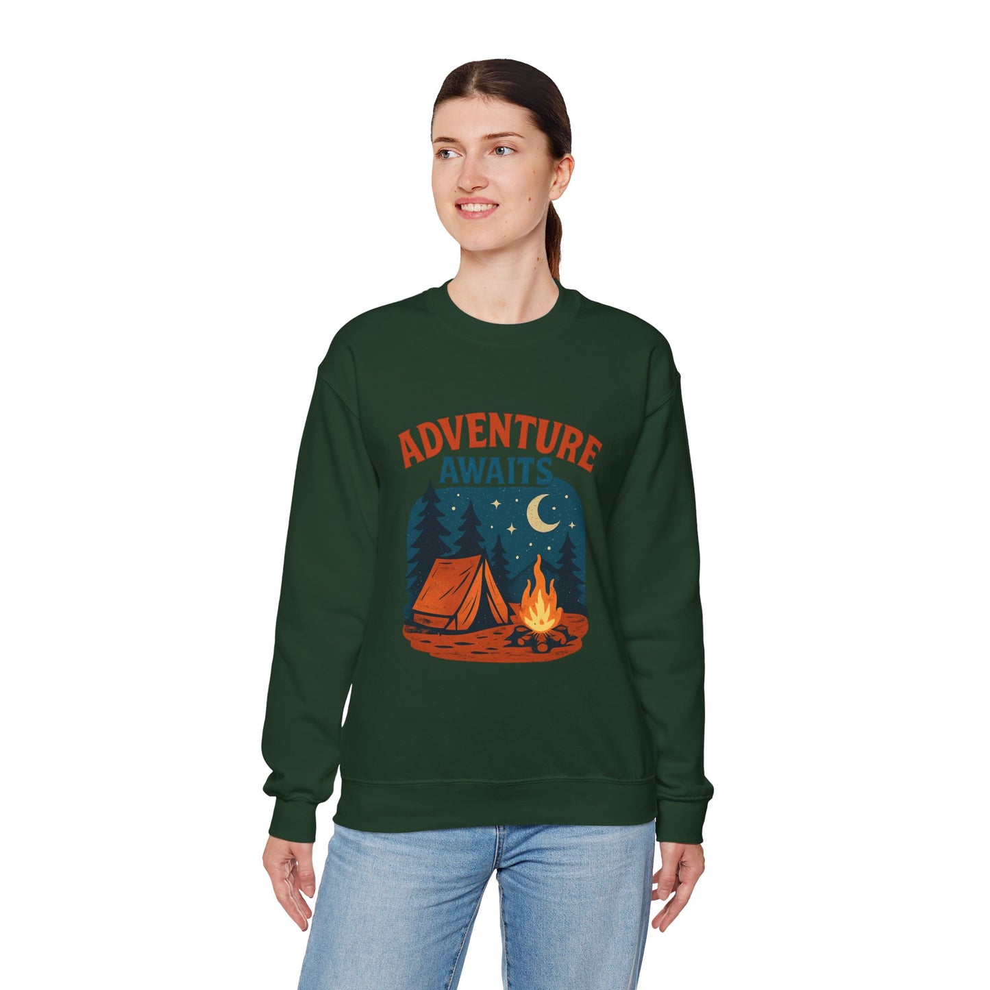 Adventure Awaits Sweatshirt, Cozy Camping Gear, Unisex Crewneck Pullover, Outdoor Adventure Apparel, Gift for Travelers