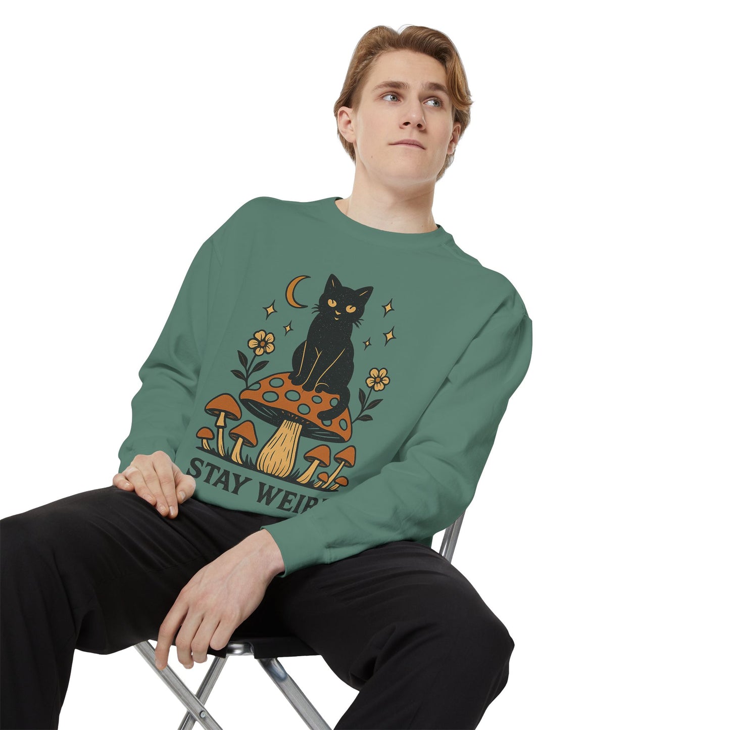 Stay Weird Cat Sweatshirt | Unisex Garment-Dyed Pullover | Boho Witchy Aesthetic | Cozy Casual Wear & Cat Lover Gift