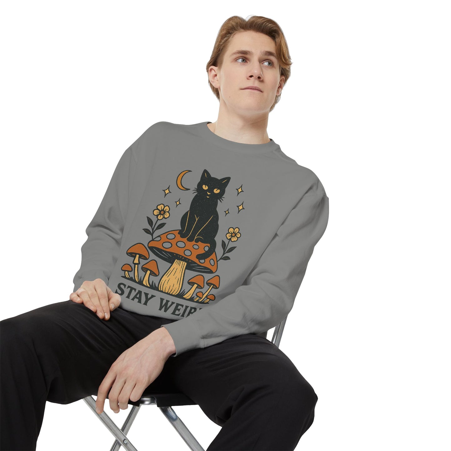 Stay Weird Cat Sweatshirt | Unisex Garment-Dyed Pullover | Boho Witchy Aesthetic | Cozy Casual Wear & Cat Lover Gift