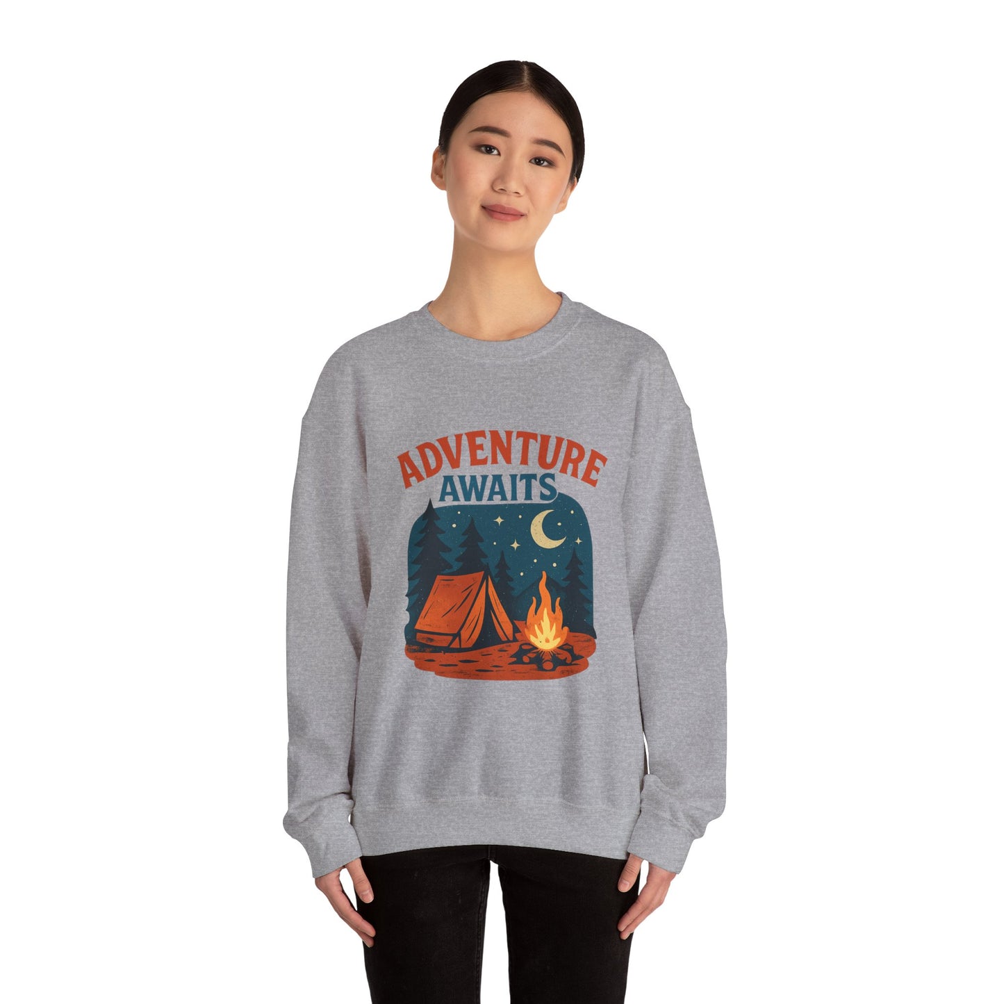 Adventure Awaits Sweatshirt, Cozy Camping Gear, Unisex Crewneck Pullover, Outdoor Adventure Apparel, Gift for Travelers