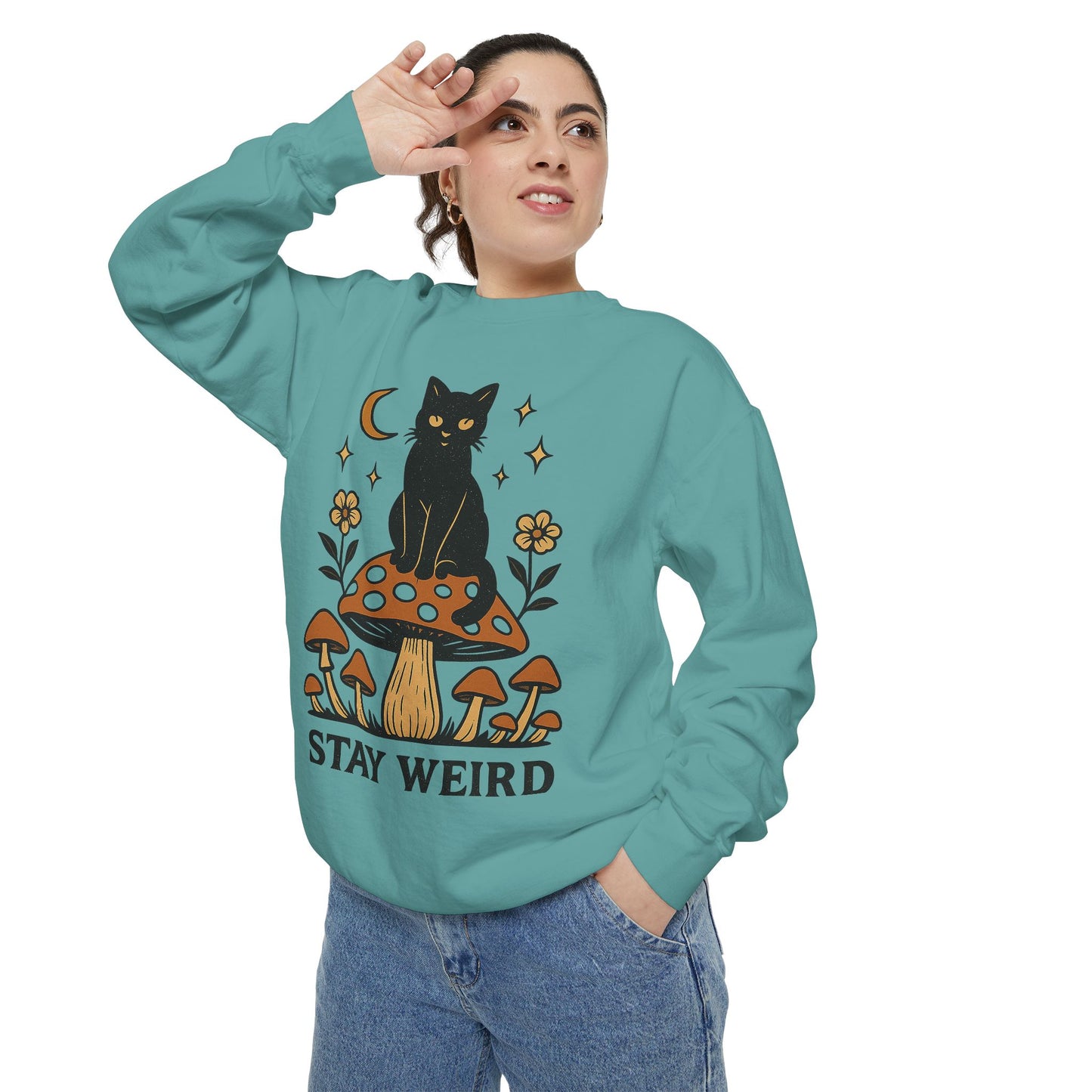 Stay Weird Cat Sweatshirt | Unisex Garment-Dyed Pullover | Boho Witchy Aesthetic | Cozy Casual Wear & Cat Lover Gift