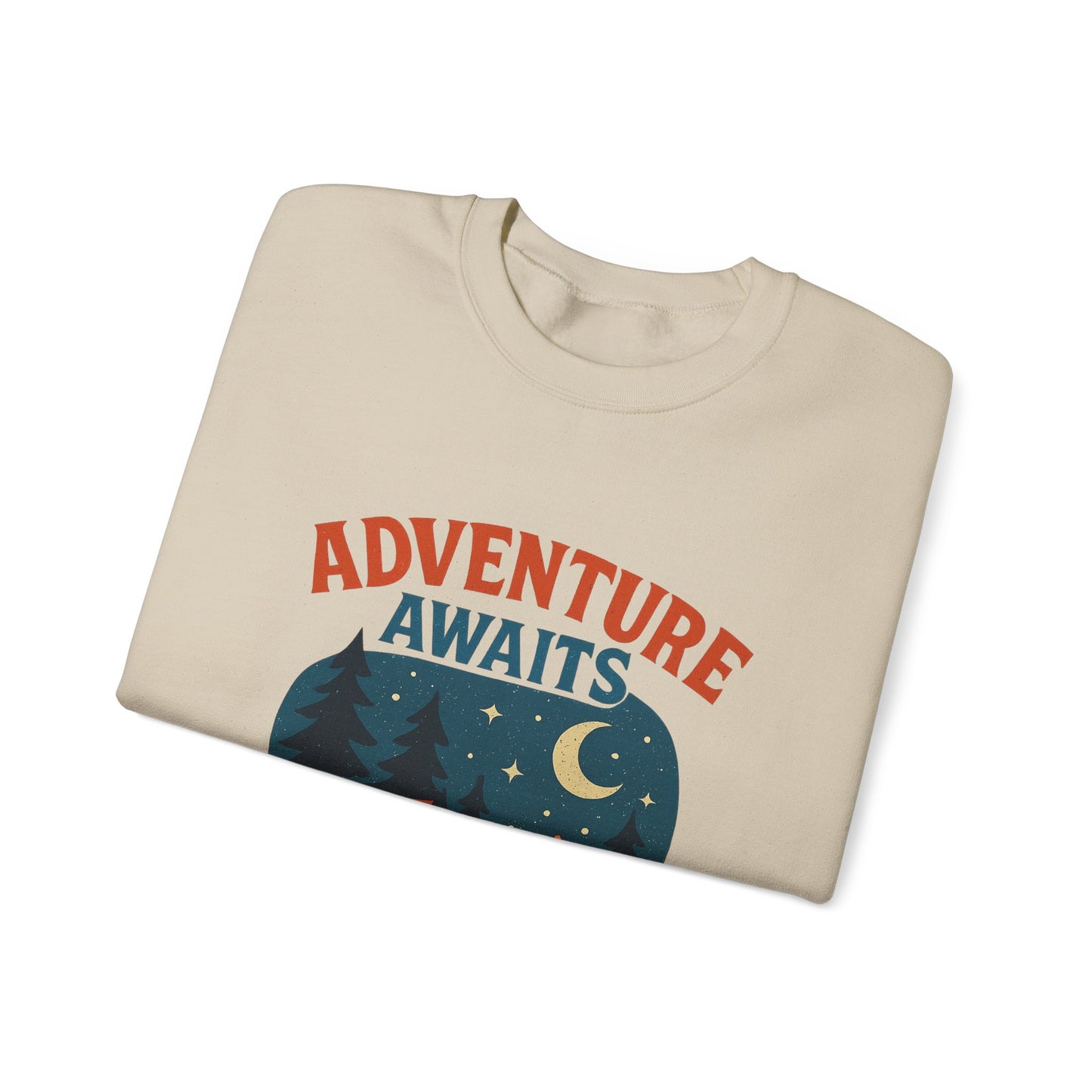 Adventure Awaits Sweatshirt, Cozy Camping Gear, Unisex Crewneck Pullover, Outdoor Adventure Apparel, Gift for Travelers