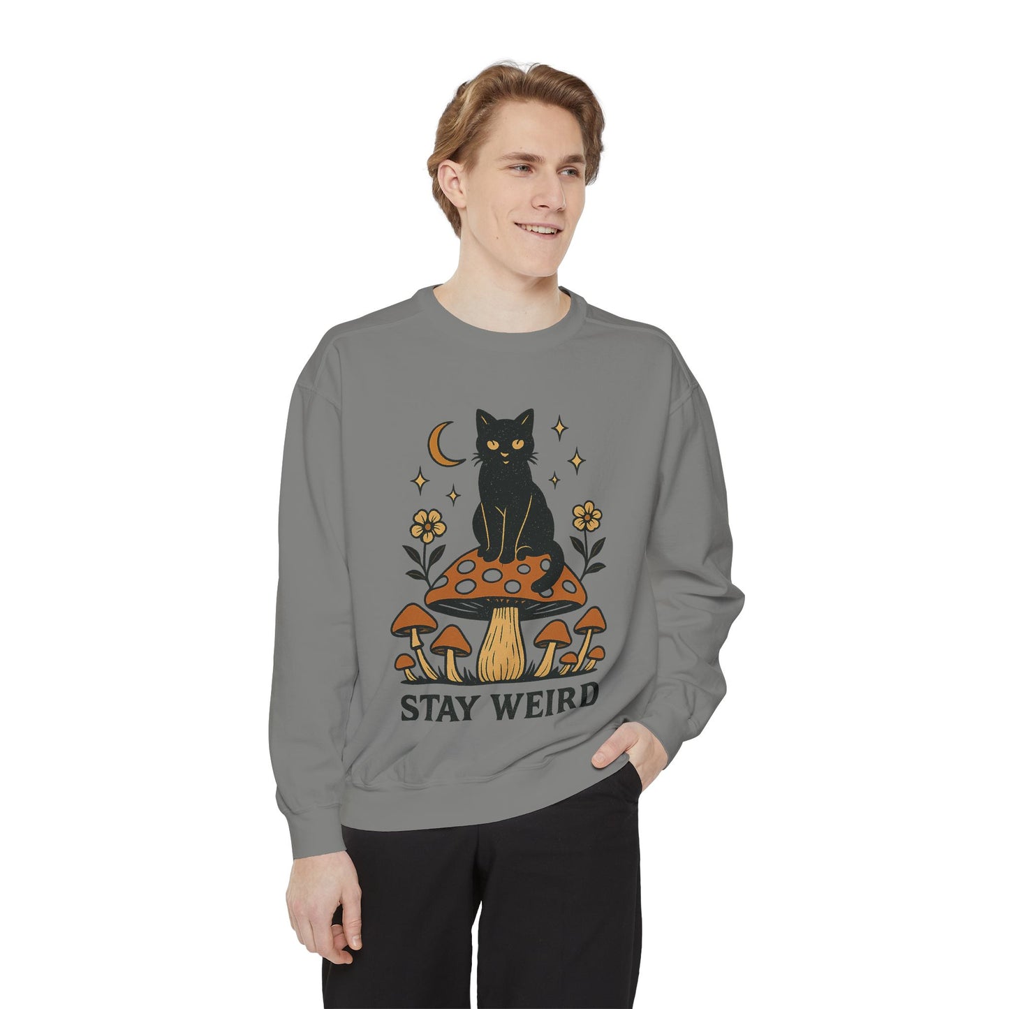 Stay Weird Cat Sweatshirt | Unisex Garment-Dyed Pullover | Boho Witchy Aesthetic | Cozy Casual Wear & Cat Lover Gift