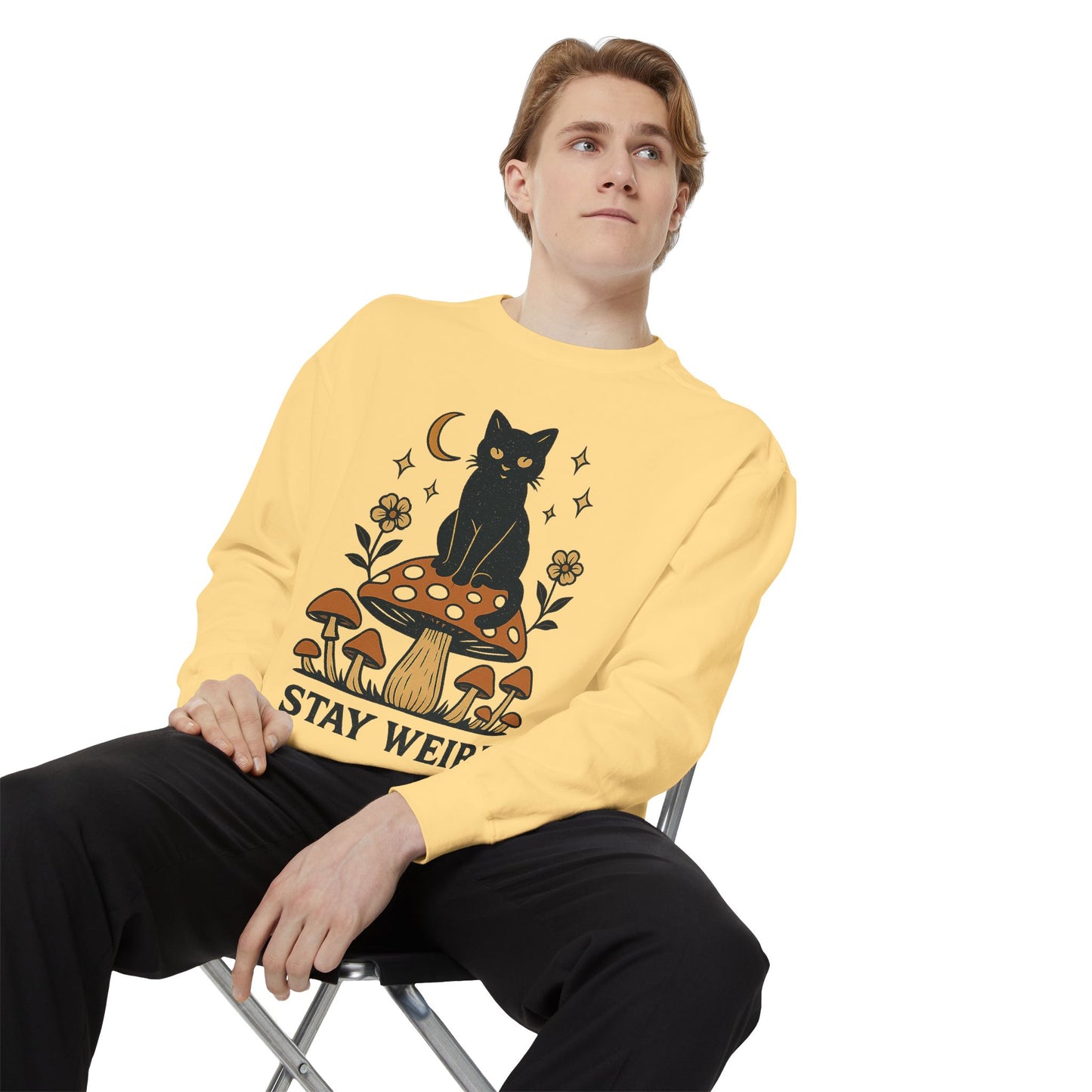 Stay Weird Cat Sweatshirt | Unisex Garment-Dyed Pullover | Boho Witchy Aesthetic | Cozy Casual Wear & Cat Lover Gift