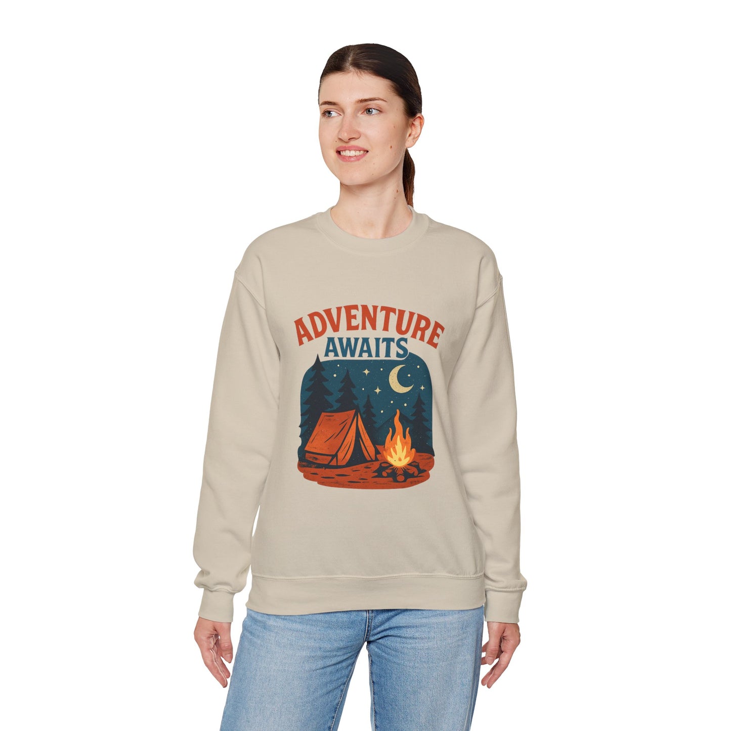 Adventure Awaits Sweatshirt, Cozy Camping Gear, Unisex Crewneck Pullover, Outdoor Adventure Apparel, Gift for Travelers