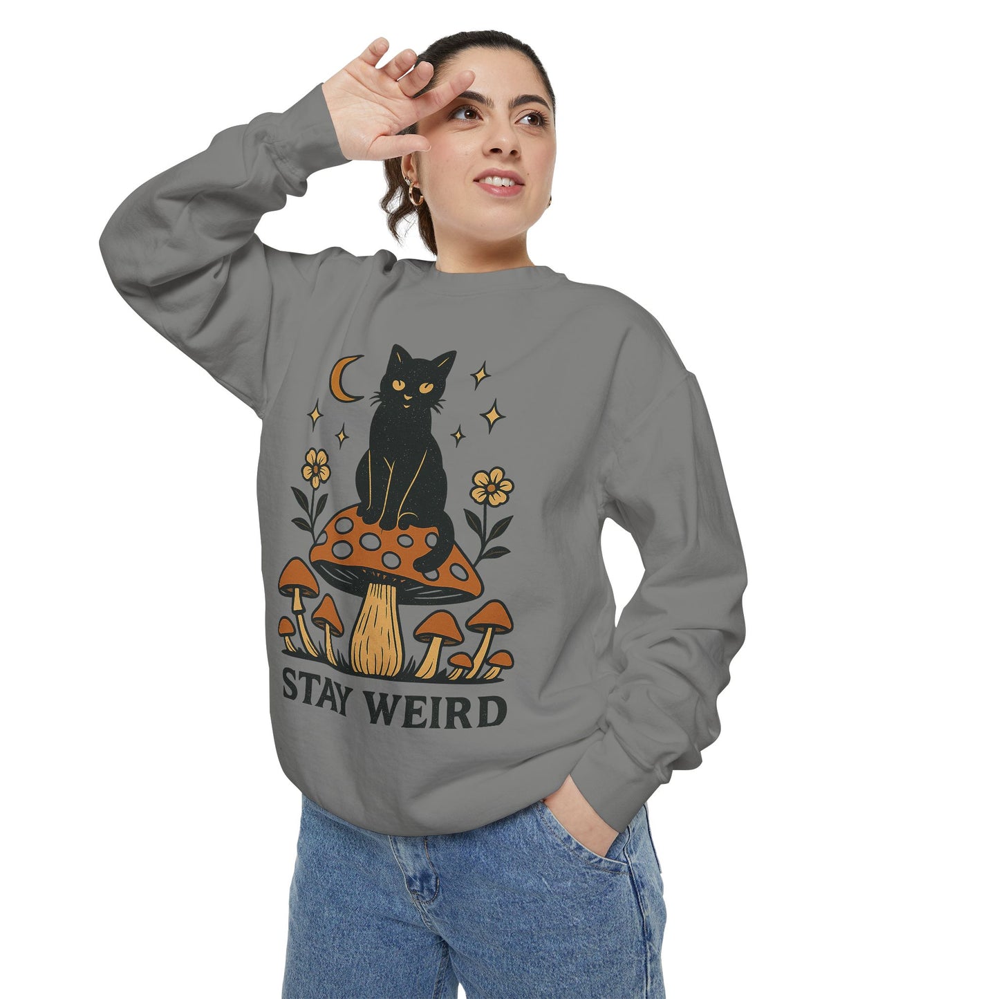 Stay Weird Cat Sweatshirt | Unisex Garment-Dyed Pullover | Boho Witchy Aesthetic | Cozy Casual Wear & Cat Lover Gift