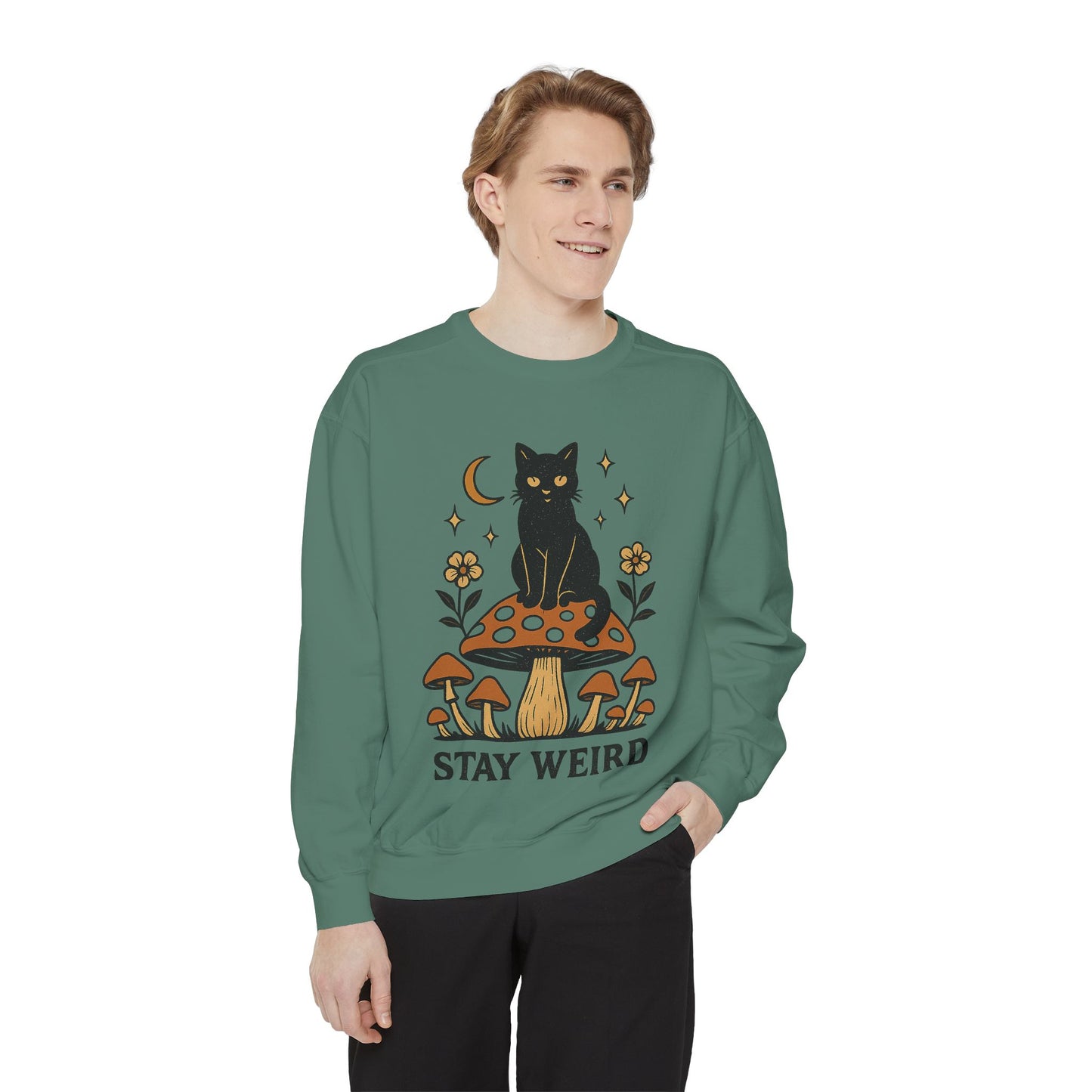 Stay Weird Cat Sweatshirt | Unisex Garment-Dyed Pullover | Boho Witchy Aesthetic | Cozy Casual Wear & Cat Lover Gift