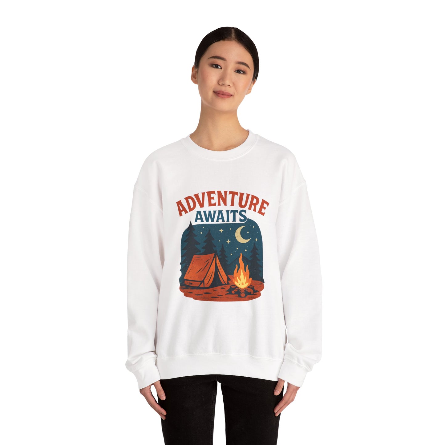 Adventure Awaits Sweatshirt, Cozy Camping Gear, Unisex Crewneck Pullover, Outdoor Adventure Apparel, Gift for Travelers