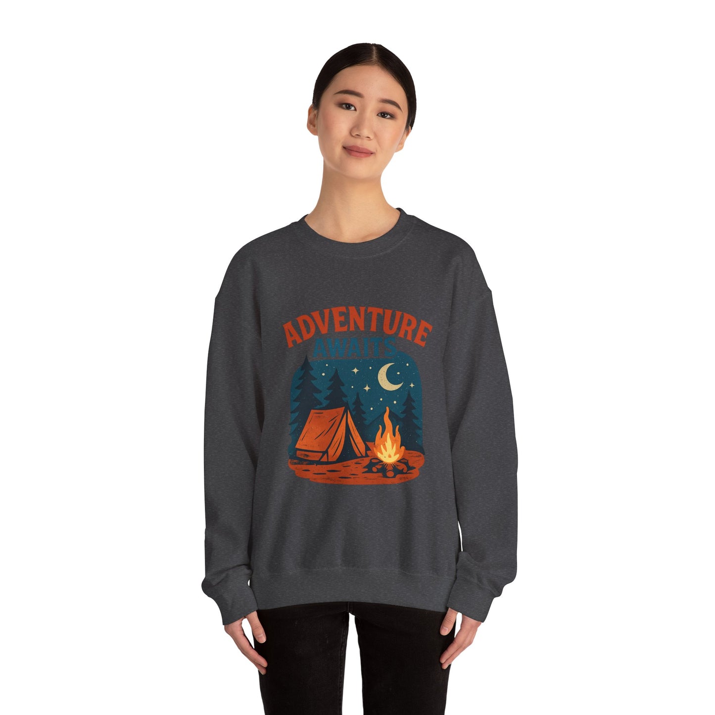 Adventure Awaits Sweatshirt, Cozy Camping Gear, Unisex Crewneck Pullover, Outdoor Adventure Apparel, Gift for Travelers