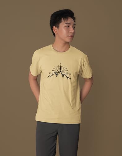 TARI Men's Premium Cotton Soft Casual Tshirt - Mountain Compass Graphic Design - Beige - Small
