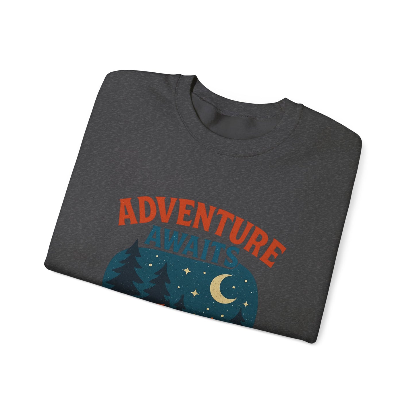 Adventure Awaits Sweatshirt, Cozy Camping Gear, Unisex Crewneck Pullover, Outdoor Adventure Apparel, Gift for Travelers