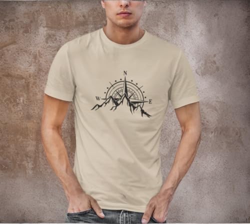 TARI Men's Premium Cotton Soft Casual Tshirt - Mountain Compass Graphic Design - Beige - Small