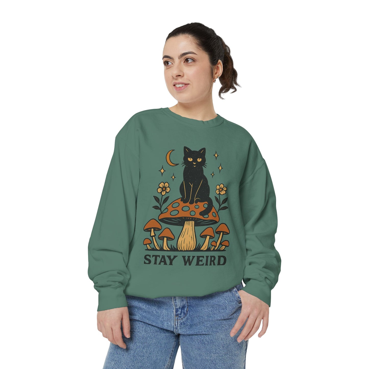Stay Weird Cat Sweatshirt | Unisex Garment-Dyed Pullover | Boho Witchy Aesthetic | Cozy Casual Wear & Cat Lover Gift