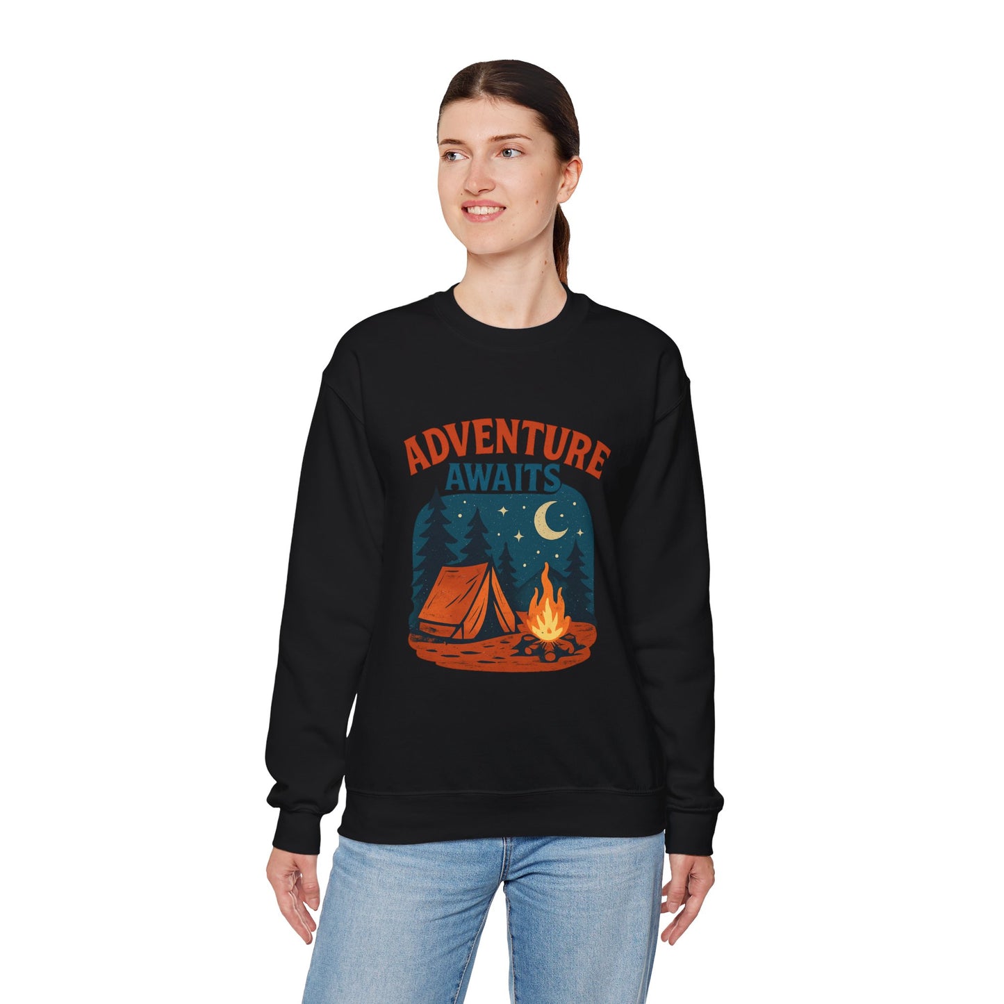 Adventure Awaits Sweatshirt, Cozy Camping Gear, Unisex Crewneck Pullover, Outdoor Adventure Apparel, Gift for Travelers