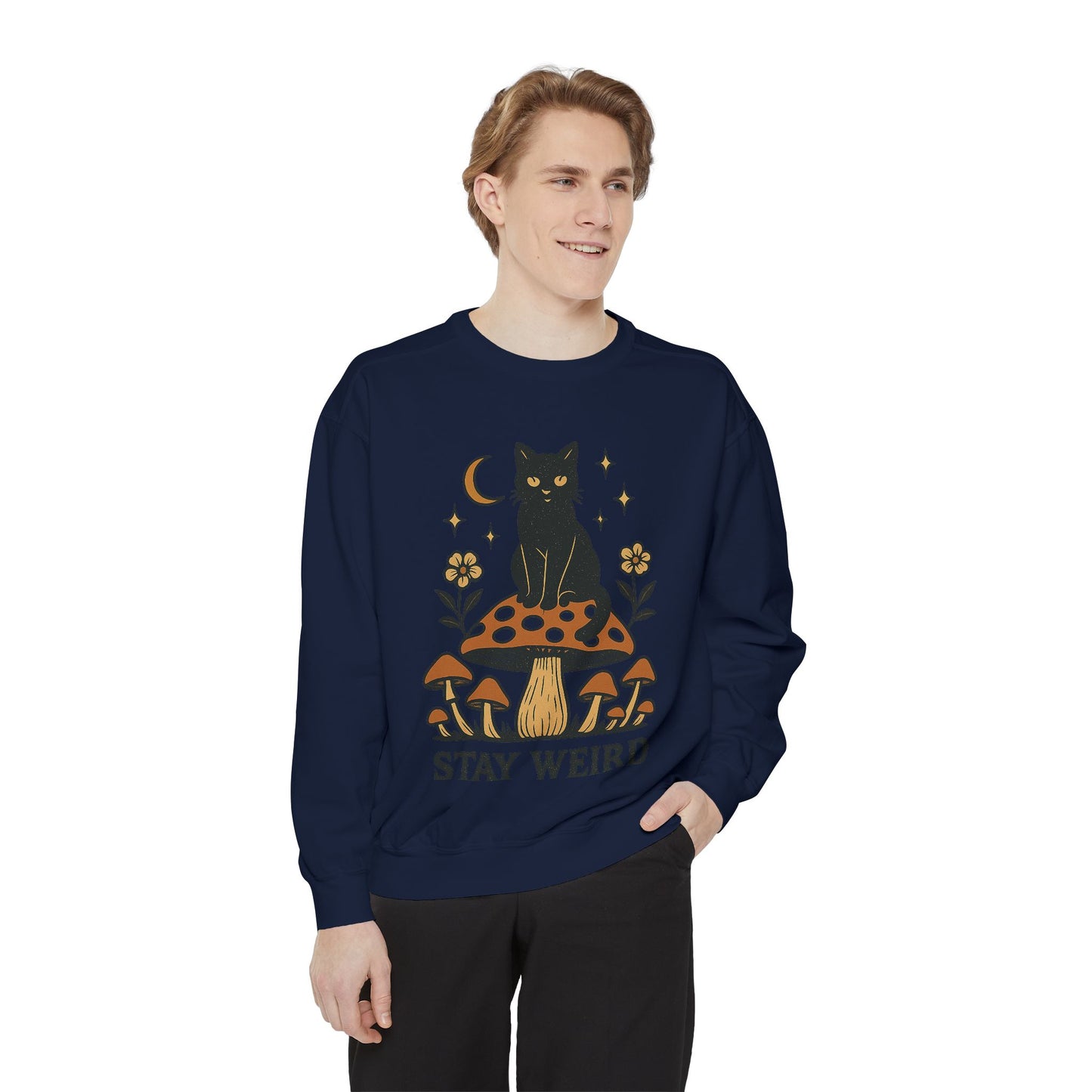 Stay Weird Cat Sweatshirt | Unisex Garment-Dyed Pullover | Boho Witchy Aesthetic | Cozy Casual Wear & Cat Lover Gift