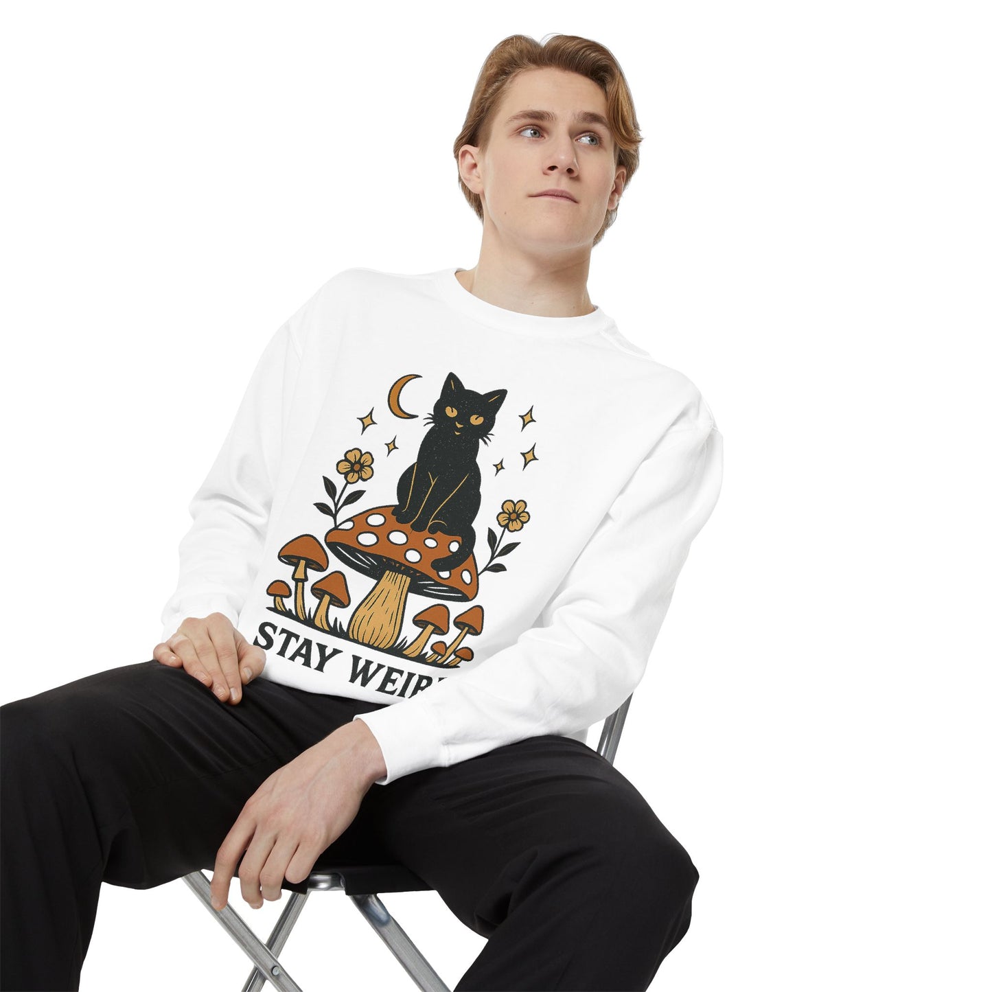 Stay Weird Cat Sweatshirt | Unisex Garment-Dyed Pullover | Boho Witchy Aesthetic | Cozy Casual Wear & Cat Lover Gift