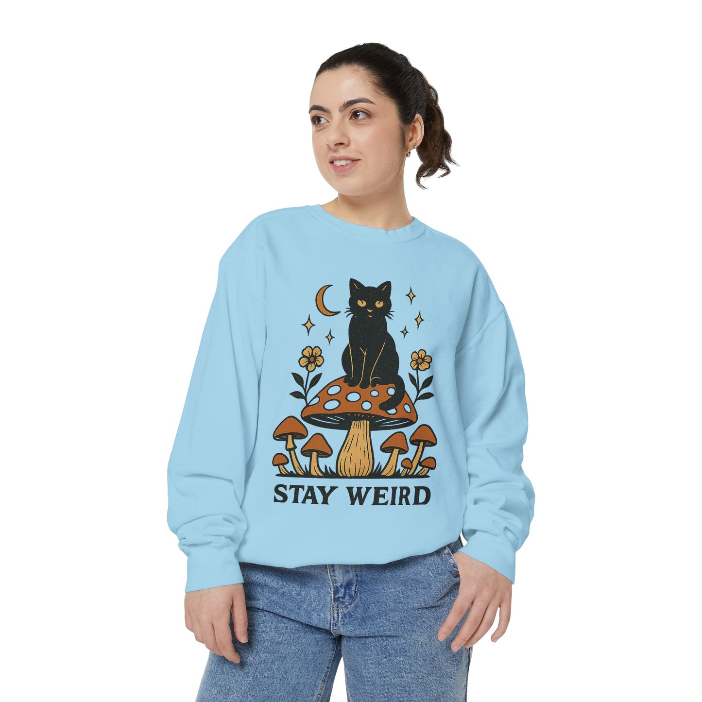 Stay Weird Cat Sweatshirt | Unisex Garment-Dyed Pullover | Boho Witchy Aesthetic | Cozy Casual Wear & Cat Lover Gift
