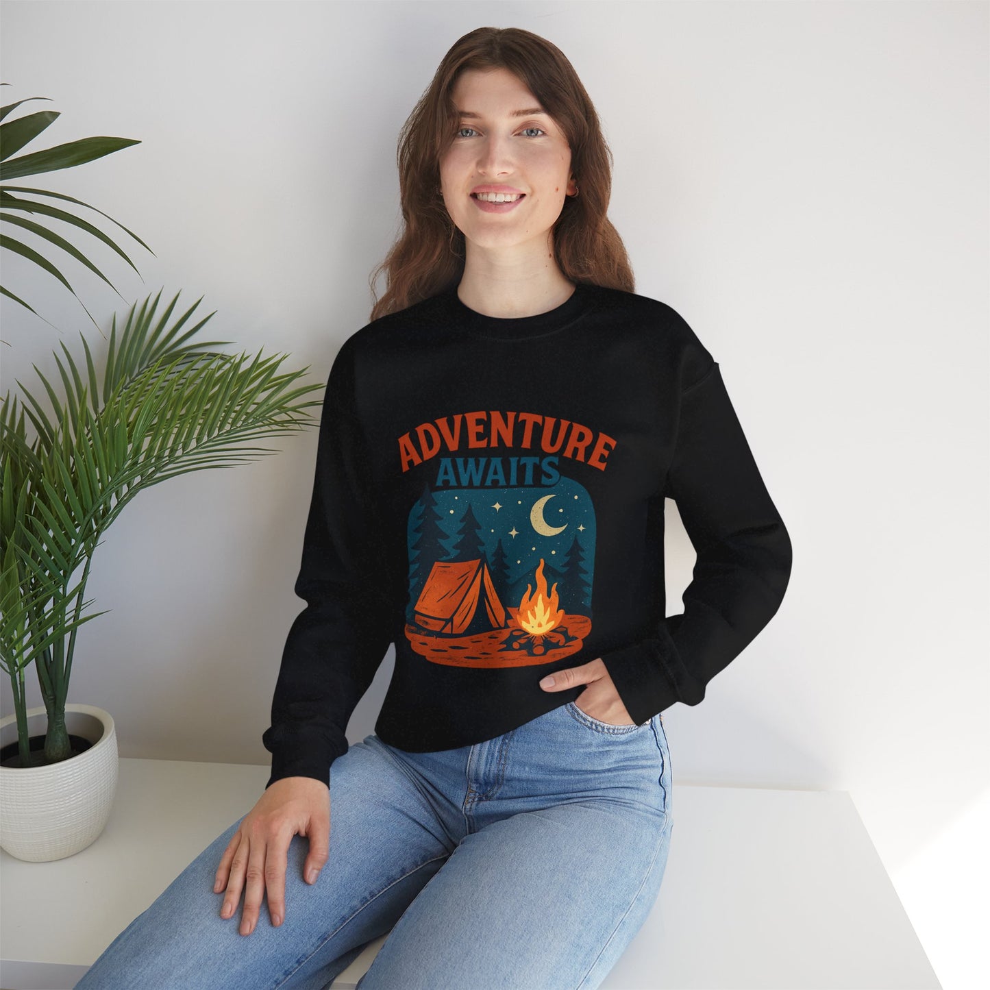 Adventure Awaits Sweatshirt, Cozy Camping Gear, Unisex Crewneck Pullover, Outdoor Adventure Apparel, Gift for Travelers