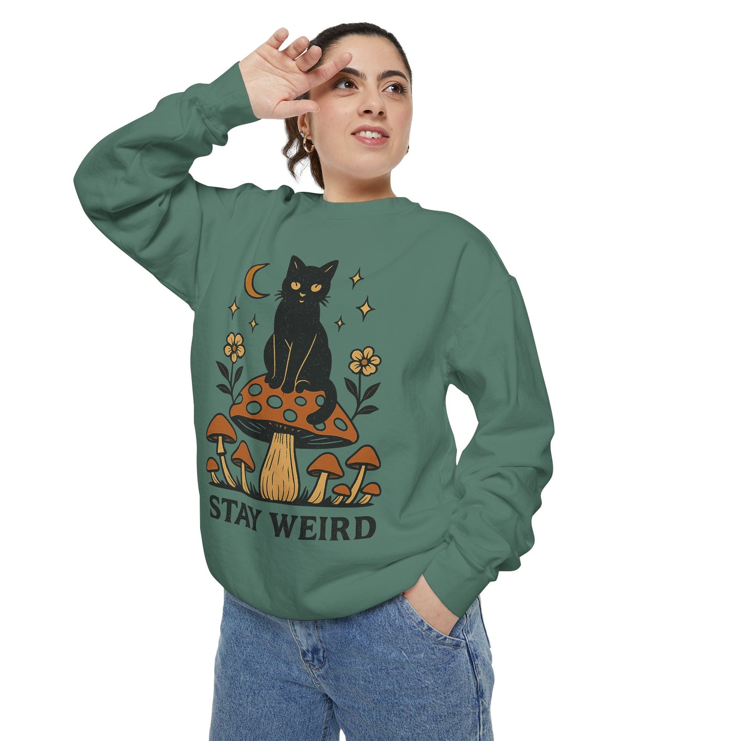 Stay Weird Cat Sweatshirt | Unisex Garment-Dyed Pullover | Boho Witchy Aesthetic | Cozy Casual Wear & Cat Lover Gift