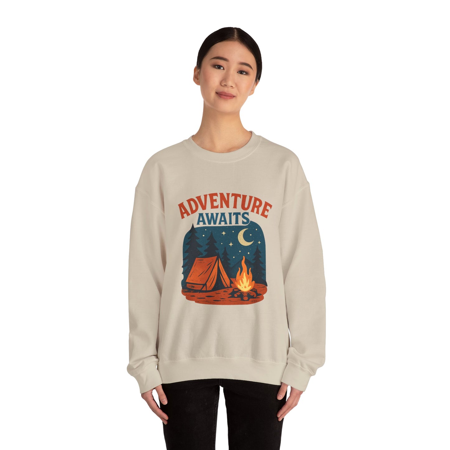 Adventure Awaits Sweatshirt, Cozy Camping Gear, Unisex Crewneck Pullover, Outdoor Adventure Apparel, Gift for Travelers