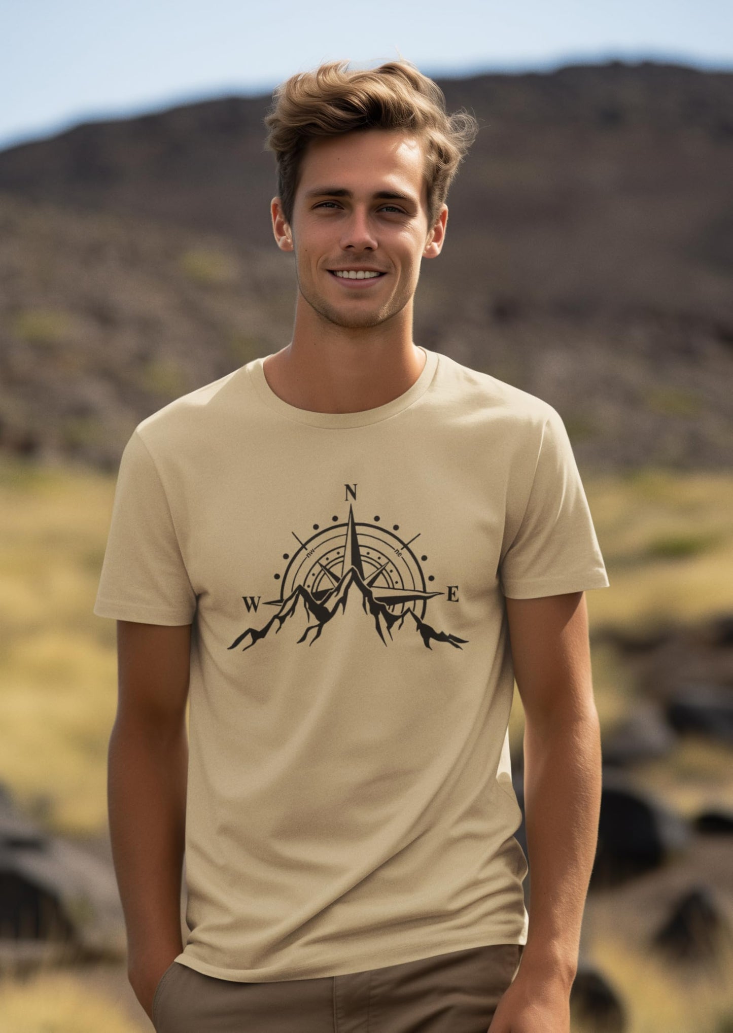 TARI Men's Premium Cotton Soft Casual Tshirt - Mountain Compass Graphic Design - Beige - Small