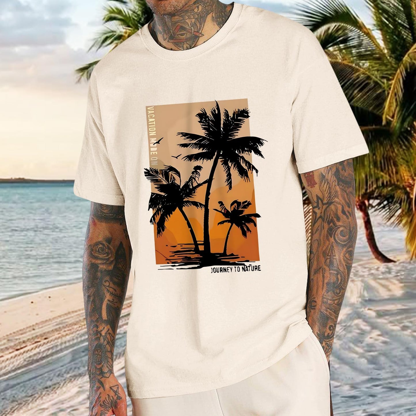 Migxsaf Palm Tree Hawaiian Shirt for Men Vacation Beach Tropical Casual Shirts Oversized Tshirts Graphic Tees Summer Tops(Apricot,M)