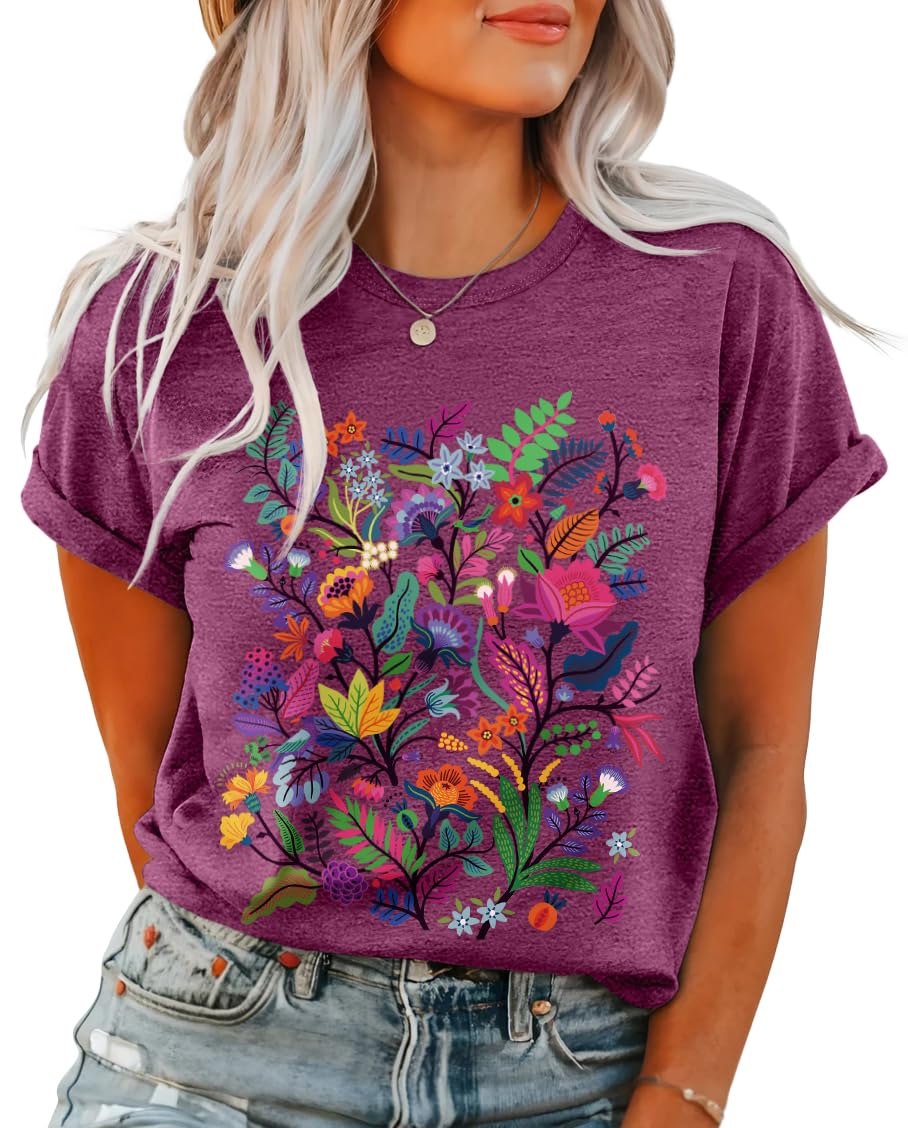 Inber T Shirts for Women Crewneck Boho Flowers Wildflowers Graphic Tees 2025 Summer Cute Shirts Short Sleeve Tops