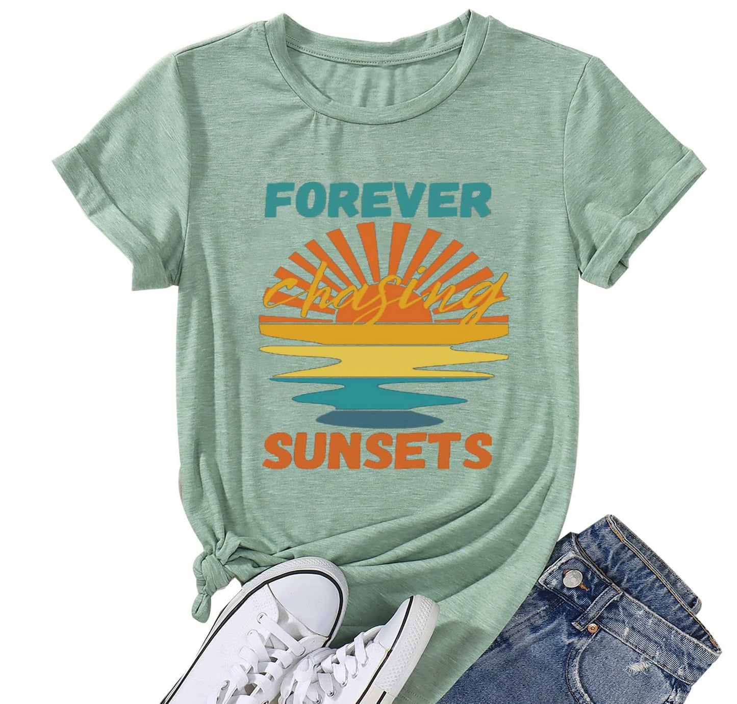Funny Positive Vibe Inspirational Sayings Summer Casual Forever Chasing Sunrise Sunshine Sunset Chaser Cute Sun Coconut Trees Graphic Short Sleeve tee Shirts for Women-M (Light Green)