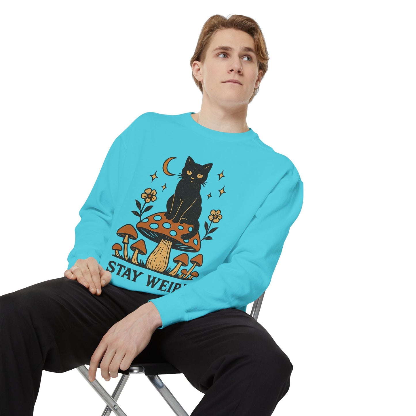 Stay Weird Cat Sweatshirt | Unisex Garment-Dyed Pullover | Boho Witchy Aesthetic | Cozy Casual Wear & Cat Lover Gift