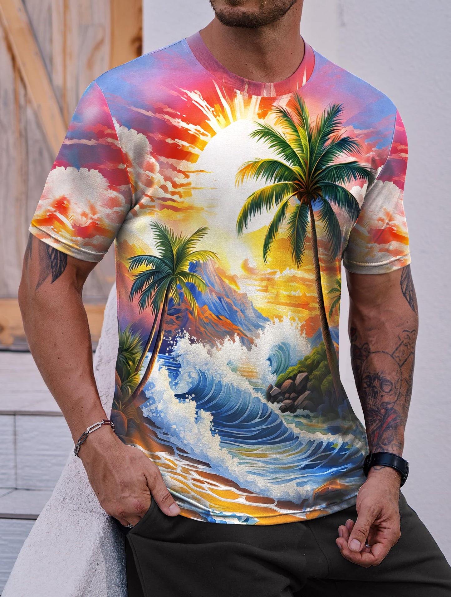 Men Seaside Graphic Shirts Street Wear Ombre Tee Shirt Quality Holiday Funny Multicolor Printed T-Shirts M