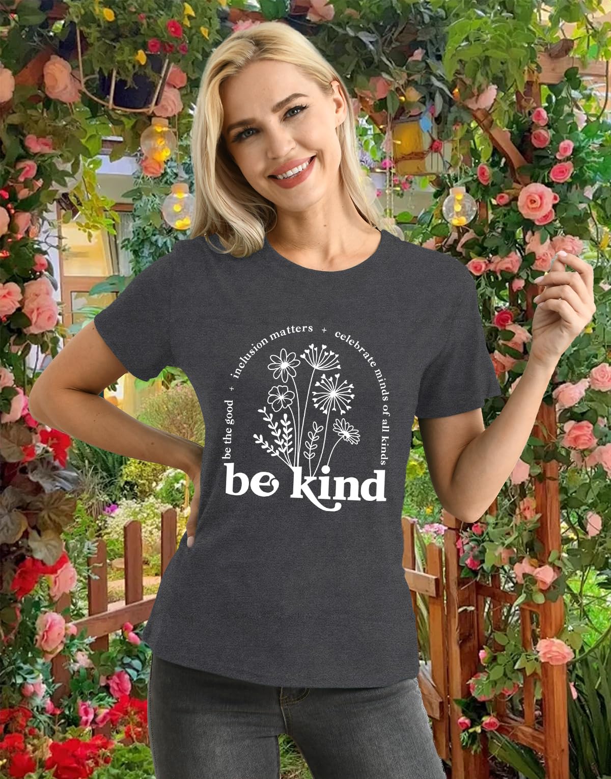 Qskall Womens Be Kind Shirt Kindness T-Shirt Inspirational Teacher Tee Top Grey