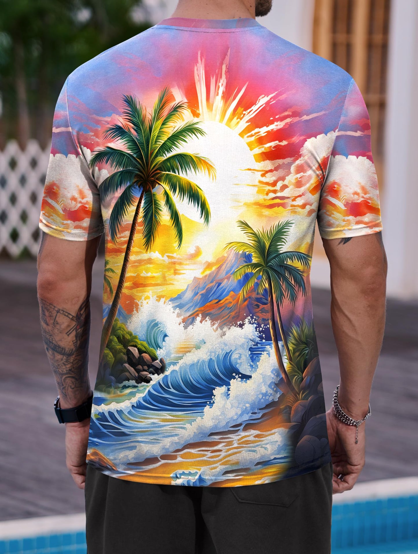 Men Seaside Graphic Shirts Street Wear Ombre Tee Shirt Quality Holiday Funny Multicolor Printed T-Shirts M