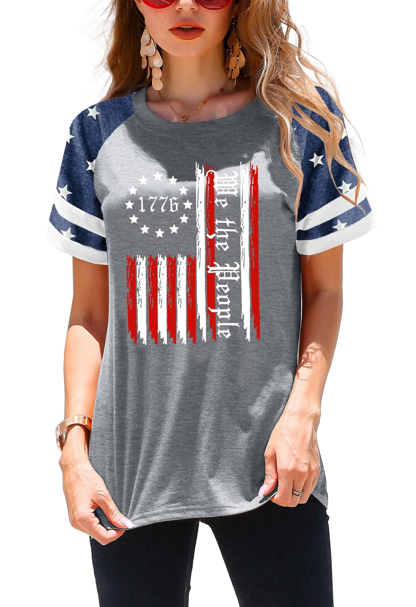 1776 American Flag Shirts for Women Short Sleeve 4th of July Patriotic Shirt Summer Tops