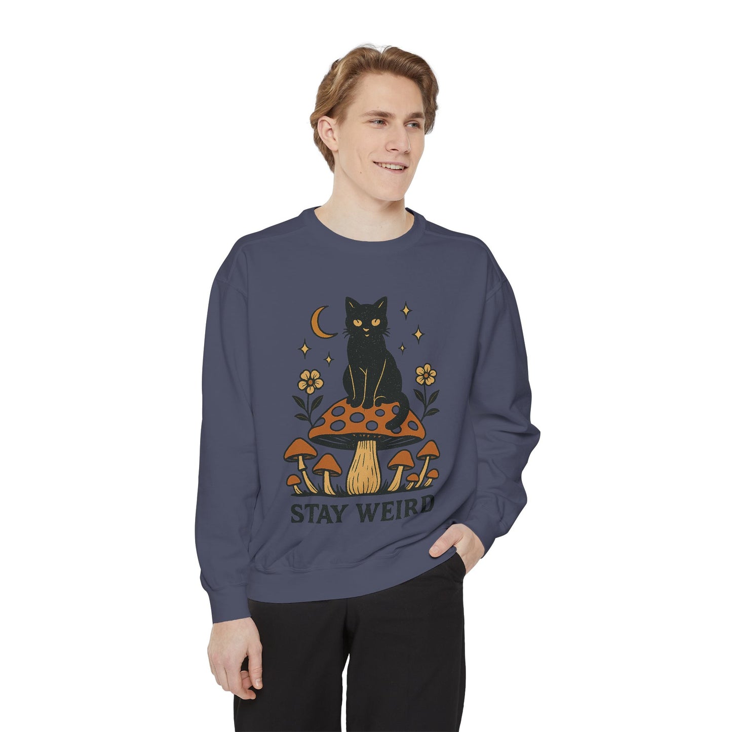 Stay Weird Cat Sweatshirt | Unisex Garment-Dyed Pullover | Boho Witchy Aesthetic | Cozy Casual Wear & Cat Lover Gift