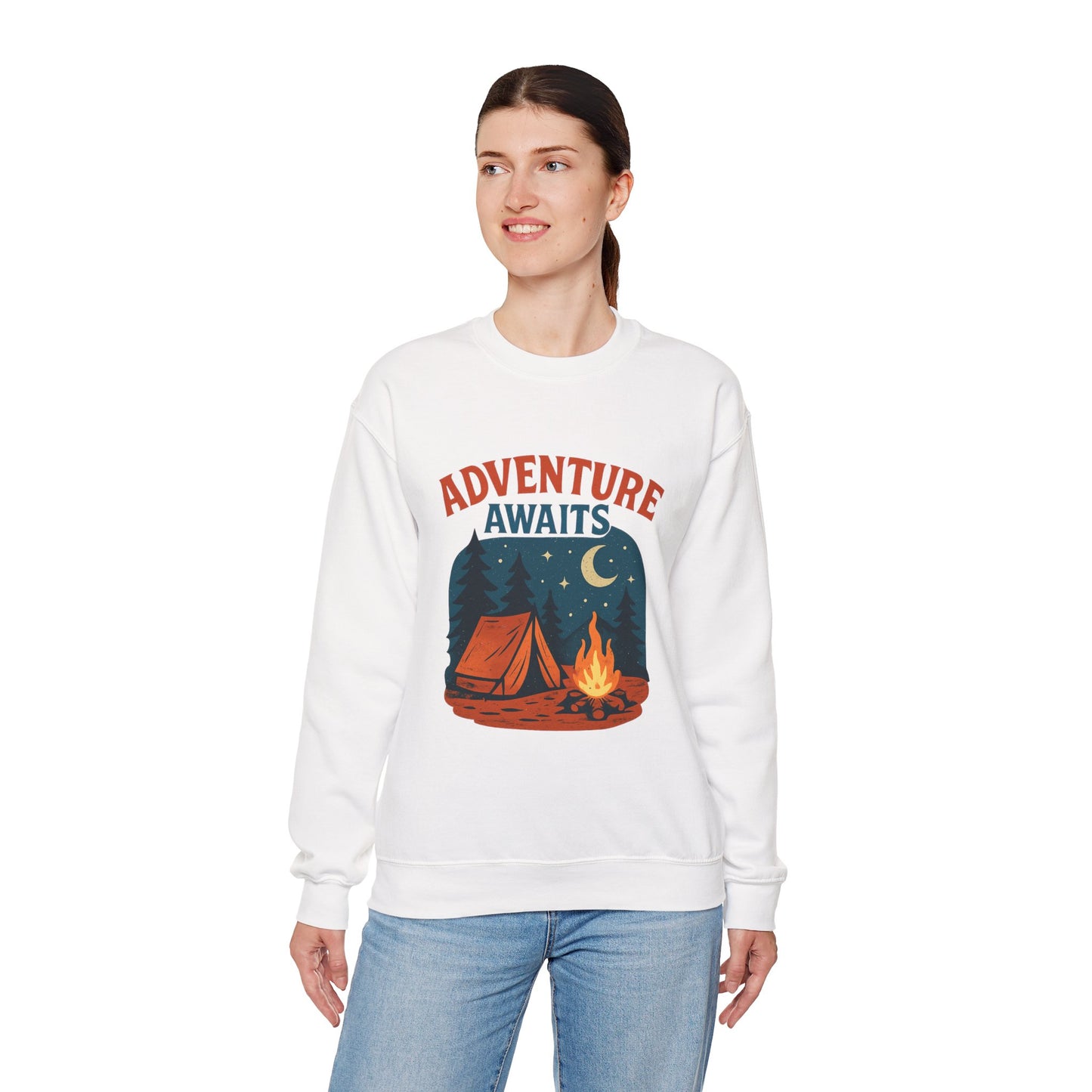 Adventure Awaits Sweatshirt, Cozy Camping Gear, Unisex Crewneck Pullover, Outdoor Adventure Apparel, Gift for Travelers