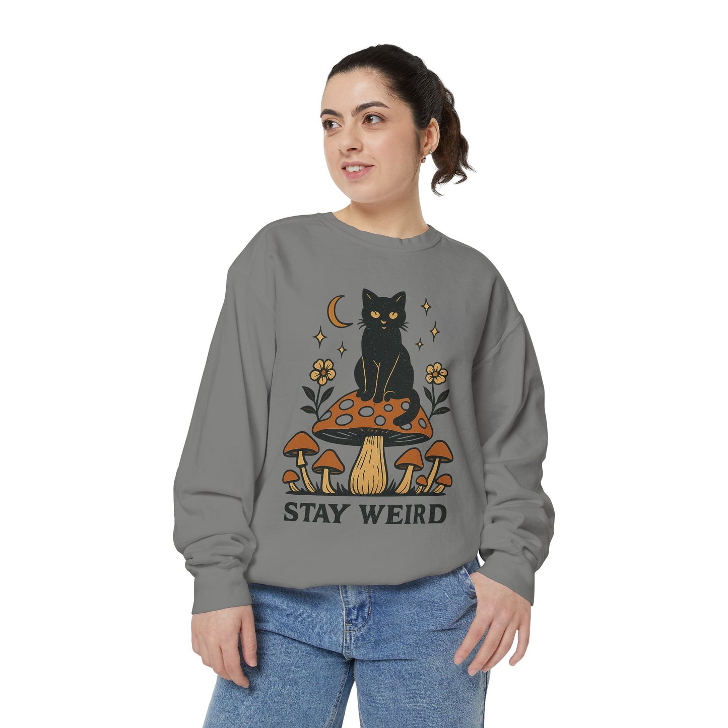 Stay Weird Cat Sweatshirt | Unisex Garment-Dyed Pullover | Boho Witchy Aesthetic | Cozy Casual Wear & Cat Lover Gift